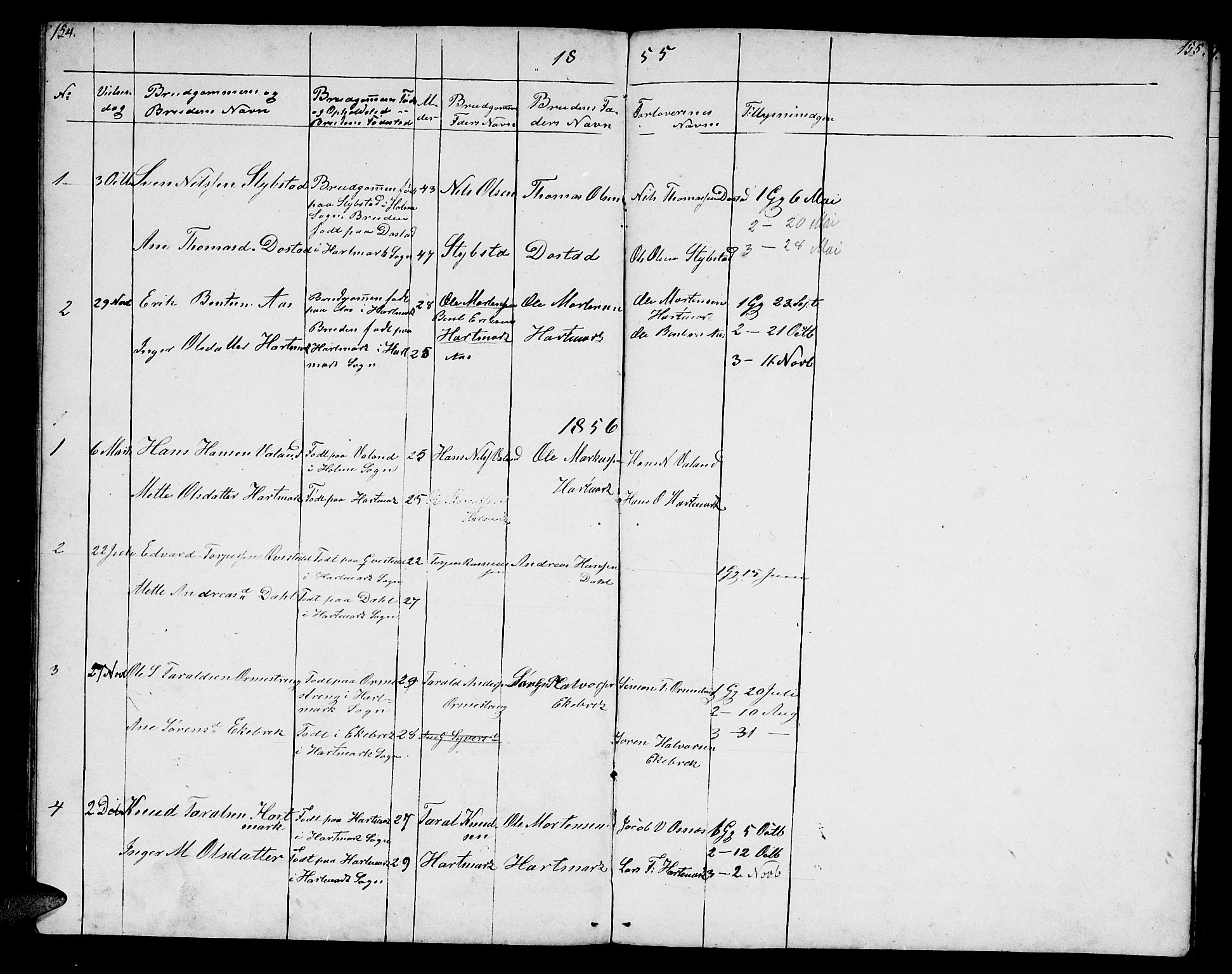 Mandal sokneprestkontor, SAK/1111-0030/F/Fb/Fbb/L0003: Parish register (copy) no. B 3, 1848-1877, p. 154-155