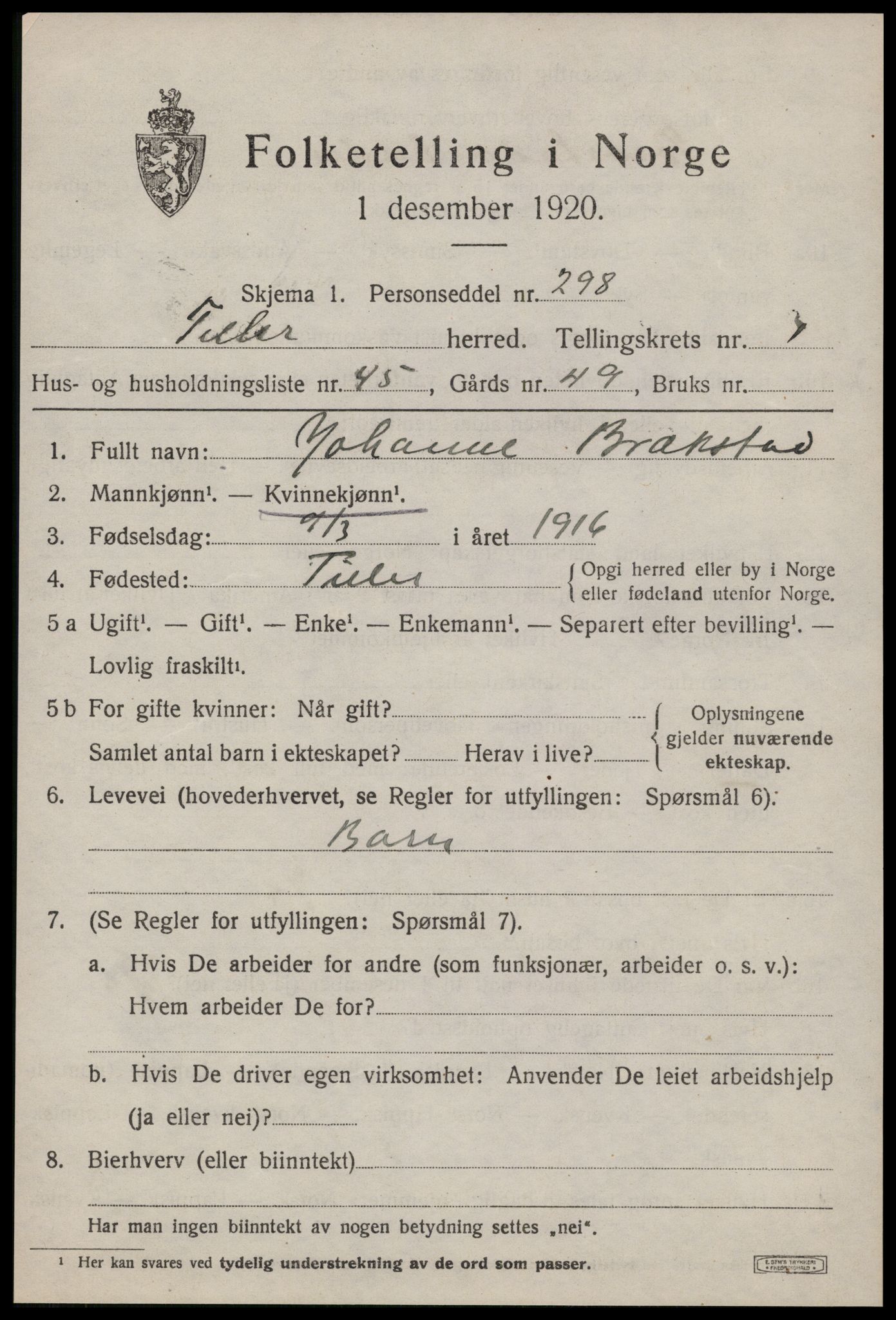 SAT, 1920 census for Tiller, 1920, p. 963