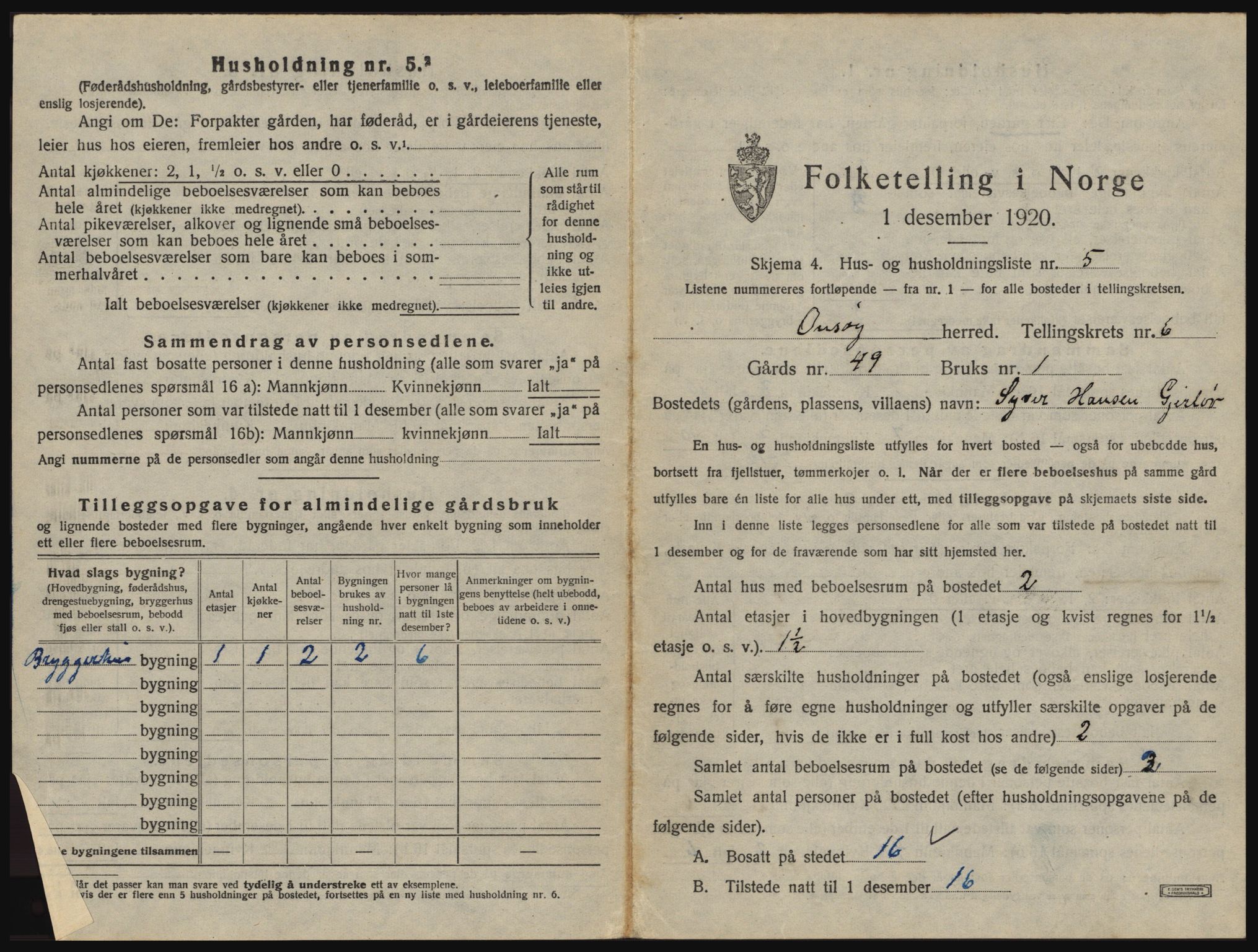 SAO, 1920 census for Onsøy, 1920, p. 938