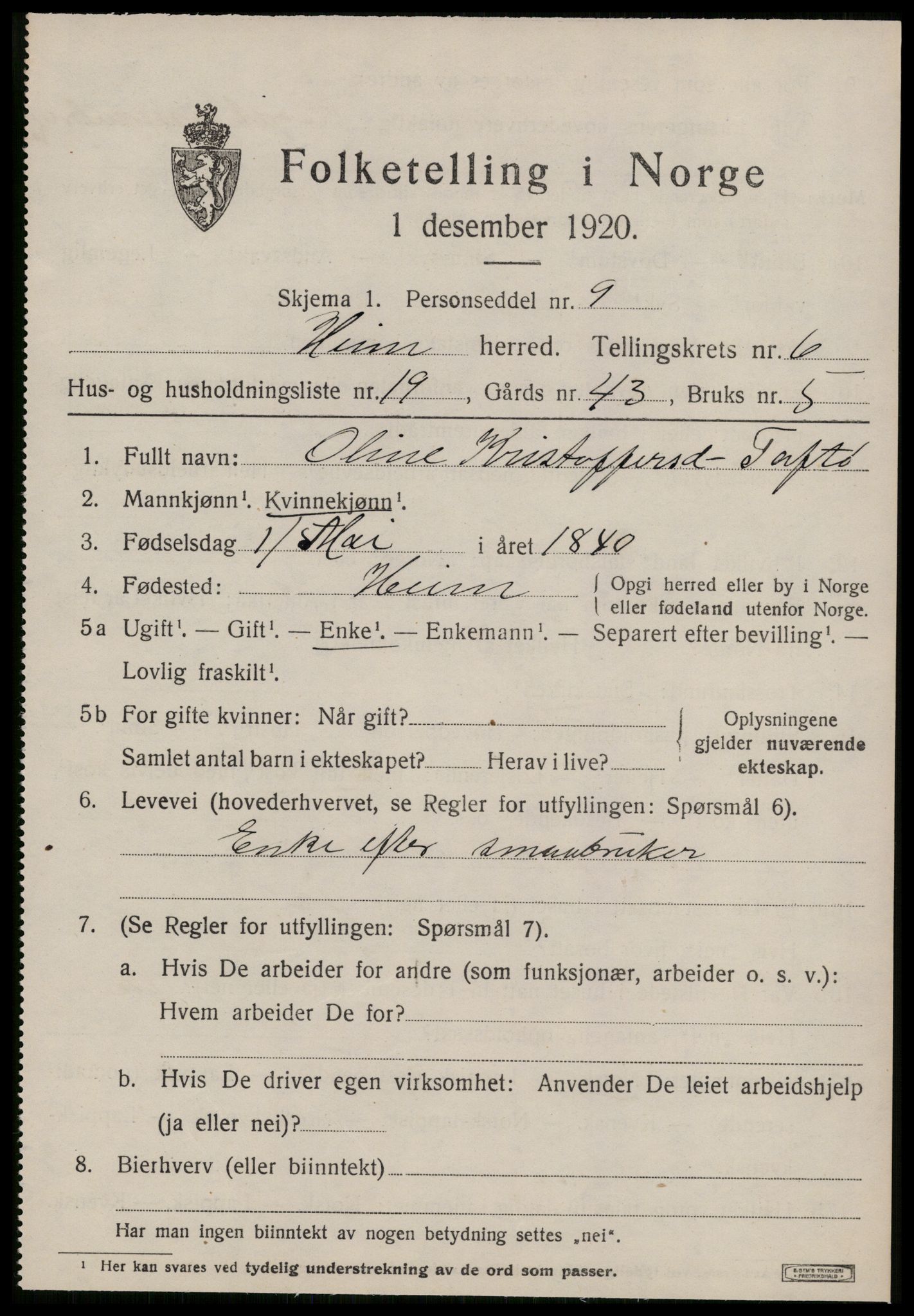 SAT, 1920 census for Heim, 1920, p. 3165