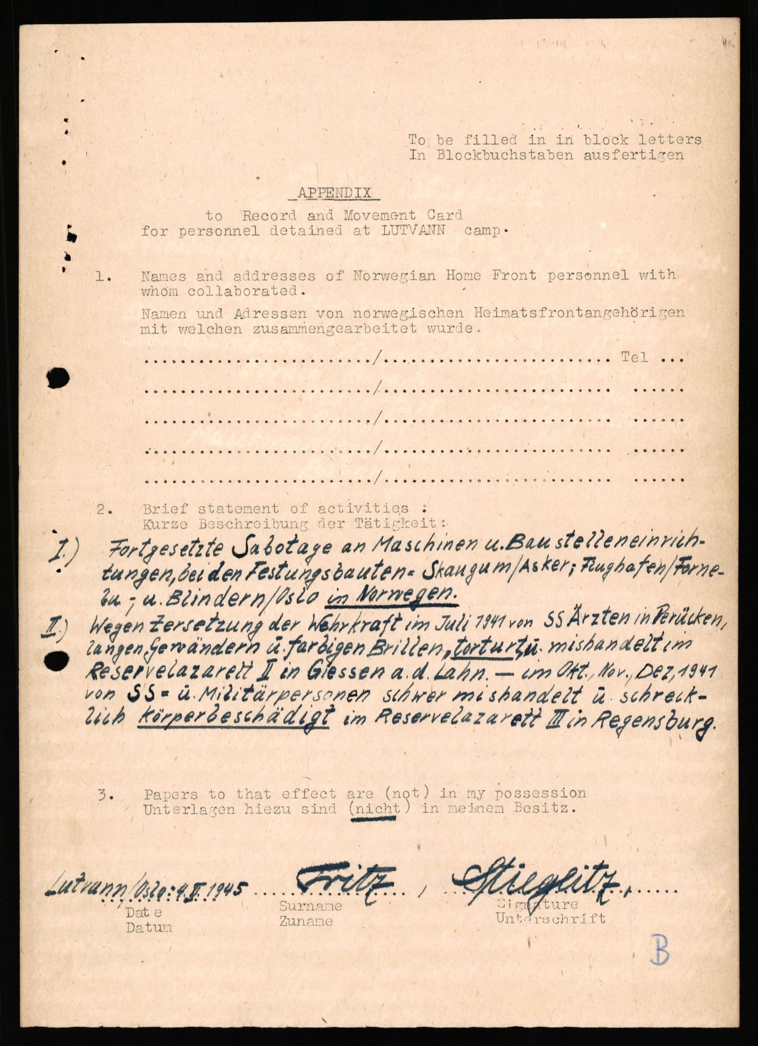 Forsvaret, Forsvarets overkommando II, AV/RA-RAFA-3915/D/Db/L0033: CI Questionaires. Tyske okkupasjonsstyrker i Norge. Tyskere., 1945-1946, p. 64