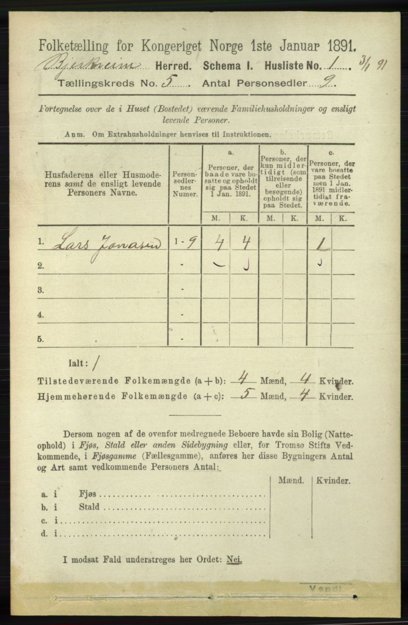 RA, 1891 census for 1114 Bjerkreim, 1891, p. 1653