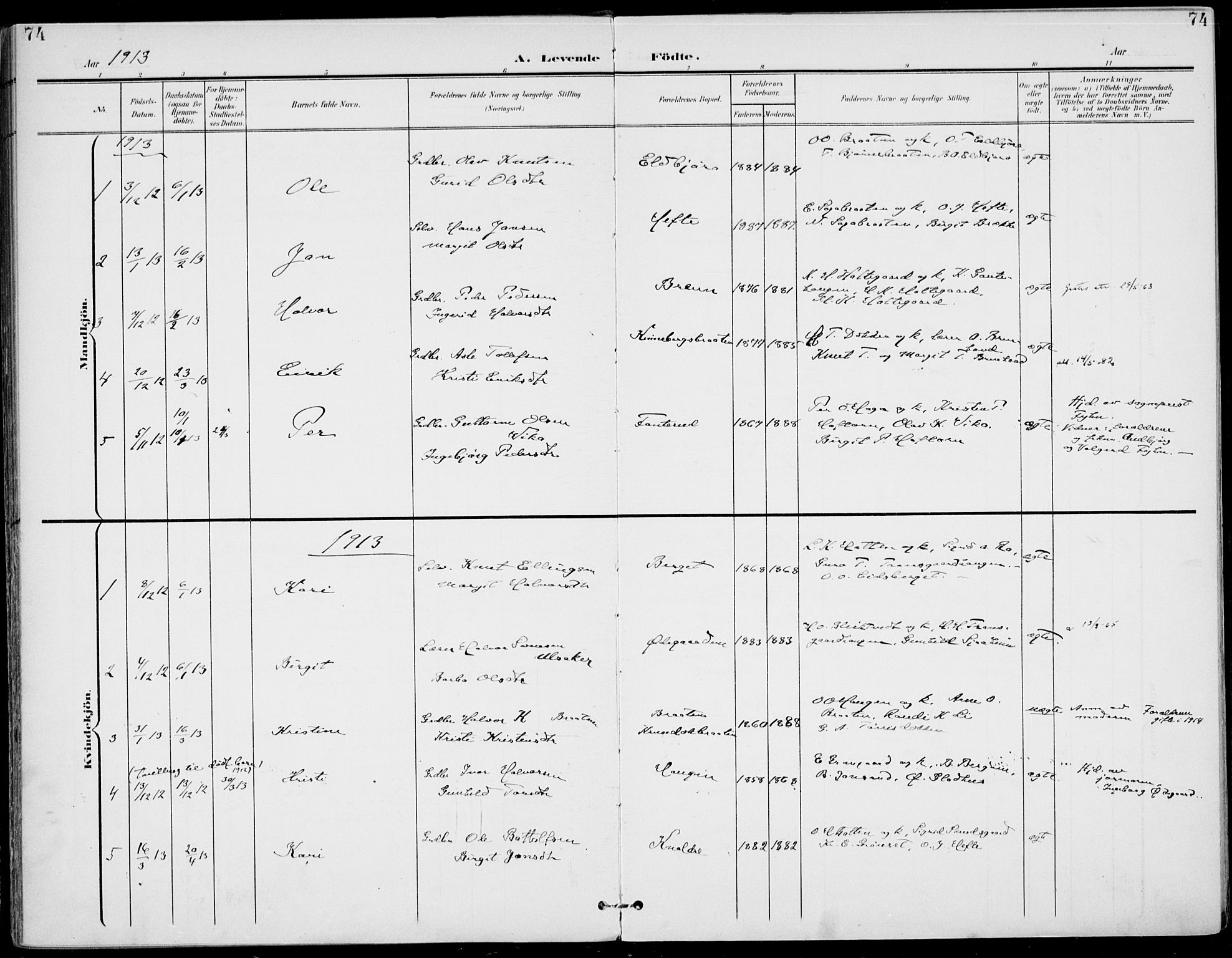 Gol kirkebøker, AV/SAKO-A-226/F/Fa/L0006: Parish register (official) no. I 6, 1901-1918, p. 74