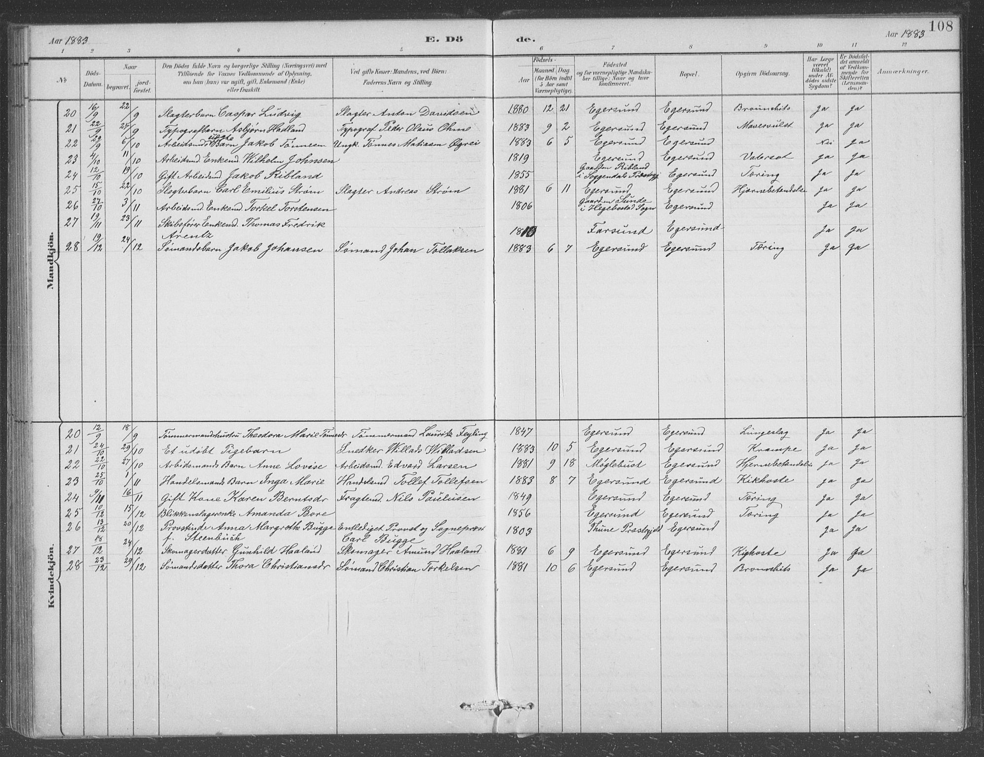 Eigersund sokneprestkontor, AV/SAST-A-101807/001/30/30BB/L0008: Parish register (copy) no. B 8, 1882-1892, p. 108