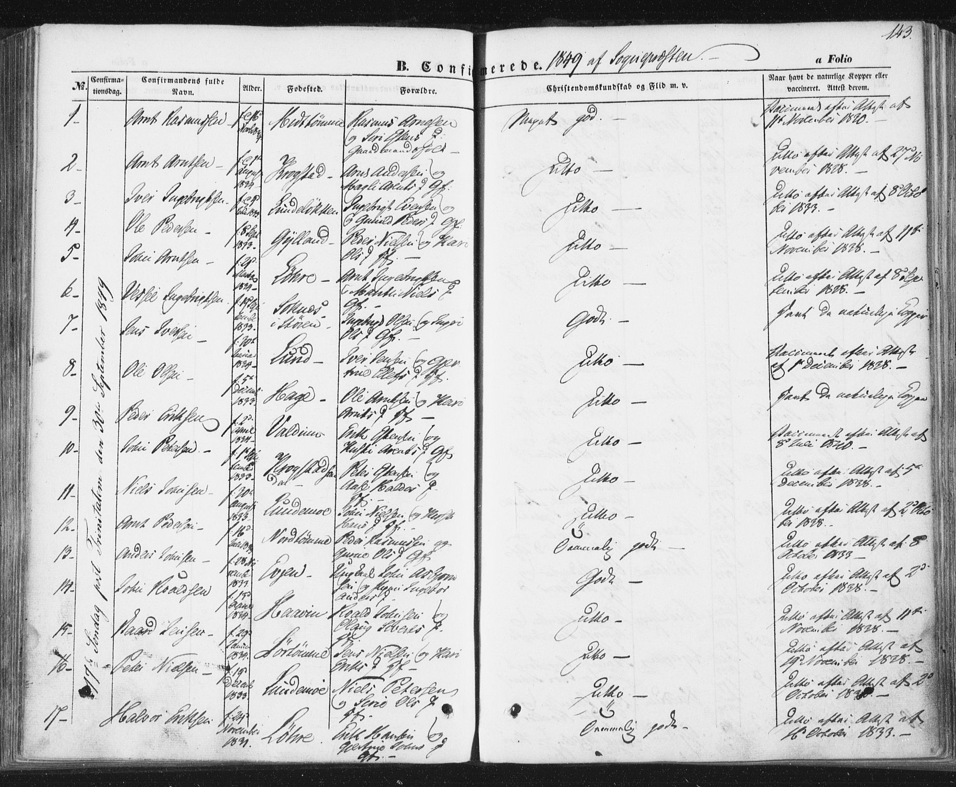 Ministerialprotokoller, klokkerbøker og fødselsregistre - Sør-Trøndelag, AV/SAT-A-1456/692/L1103: Parish register (official) no. 692A03, 1849-1870, p. 143