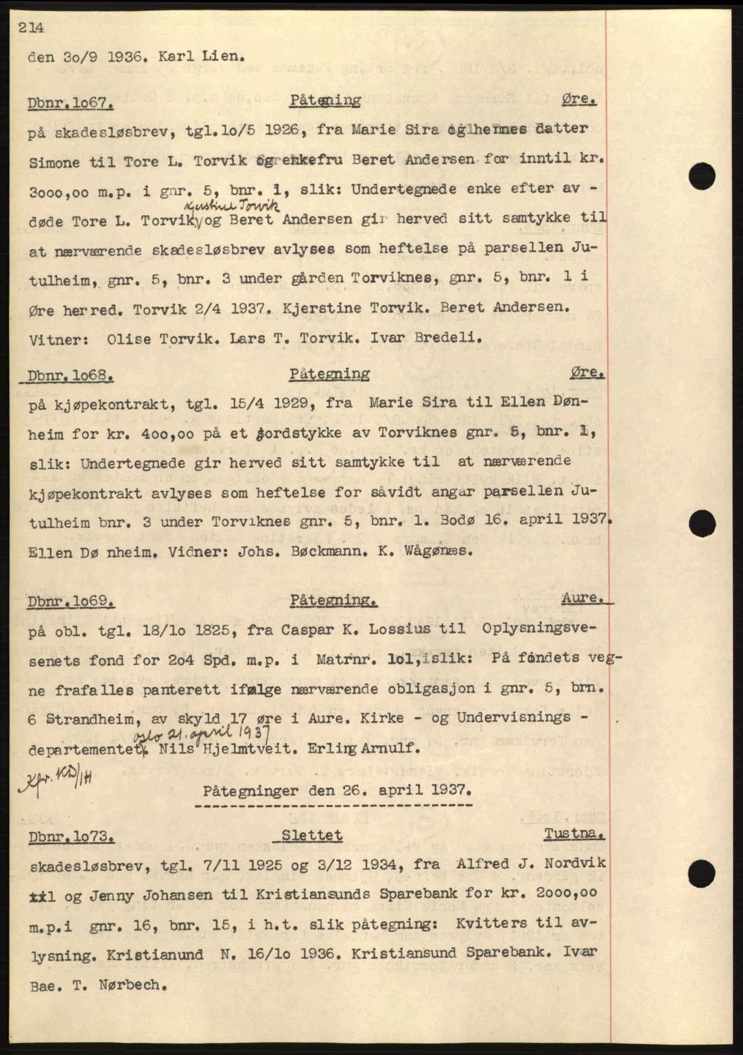 Nordmøre sorenskriveri, AV/SAT-A-4132/1/2/2Ca: Mortgage book no. C80, 1936-1939, Diary no: : 1067/1937