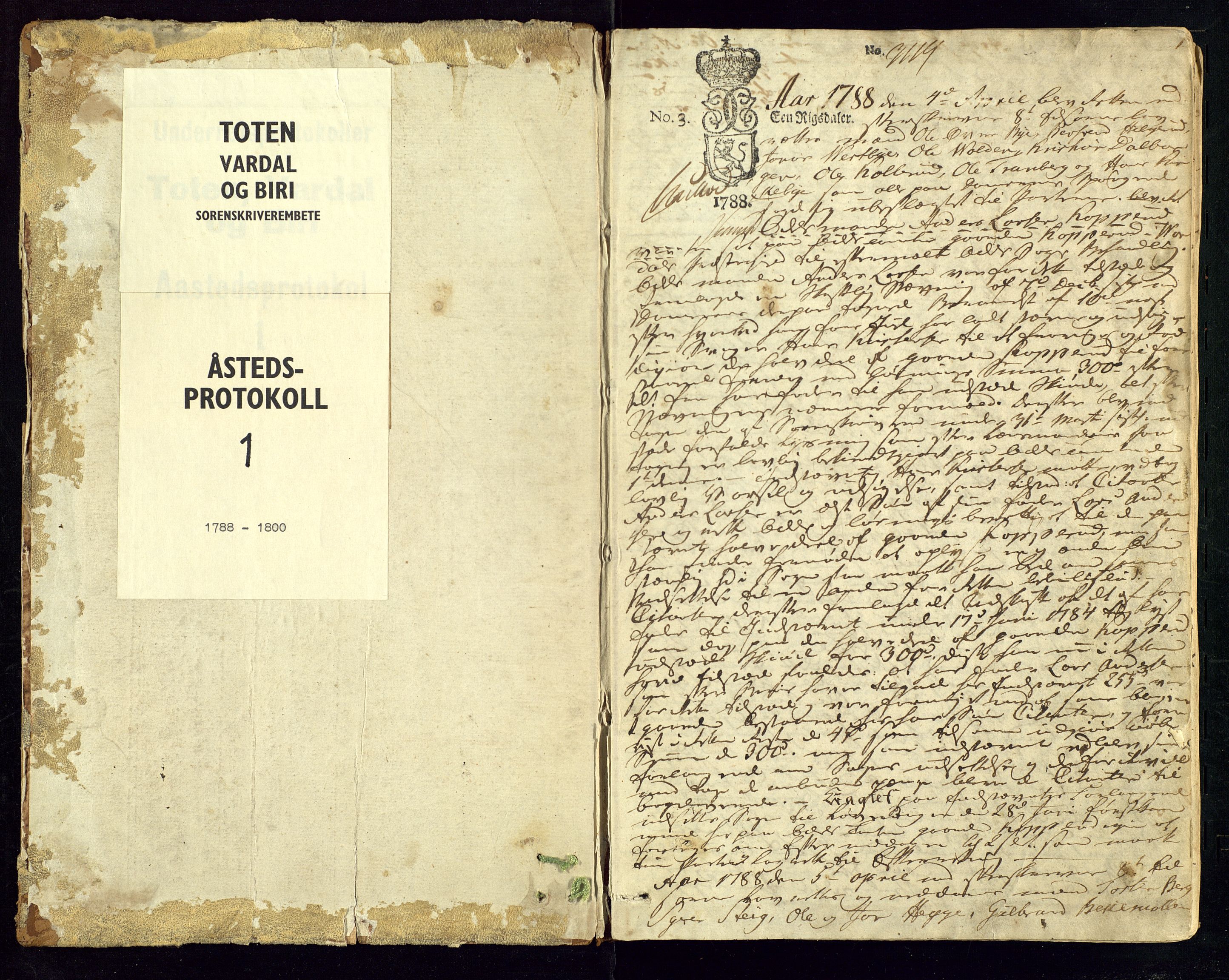 Toten tingrett, SAH/TING-006/G/Gc/Gcb/L0001: Åstedsprotokoll, 1788-1800, p. 1