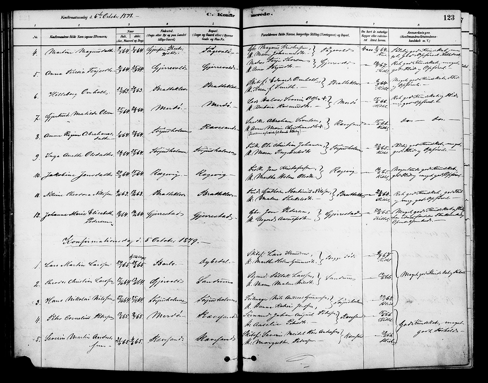 Tromøy sokneprestkontor, AV/SAK-1111-0041/F/Fa/L0009: Parish register (official) no. A 9, 1878-1896, p. 123