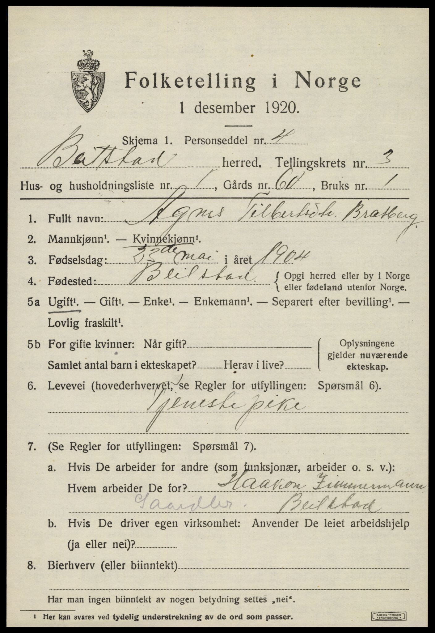 SAT, 1920 census for Beitstad, 1920, p. 2381