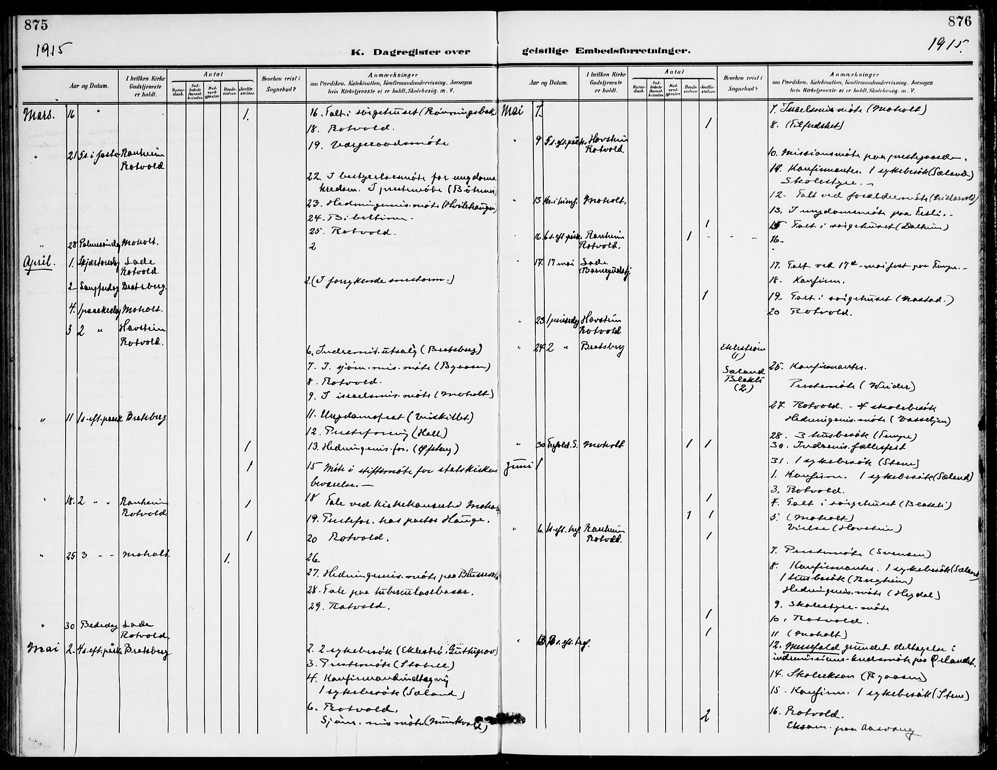 Ministerialprotokoller, klokkerbøker og fødselsregistre - Sør-Trøndelag, AV/SAT-A-1456/607/L0320: Parish register (official) no. 607A04, 1907-1915, p. 875-876