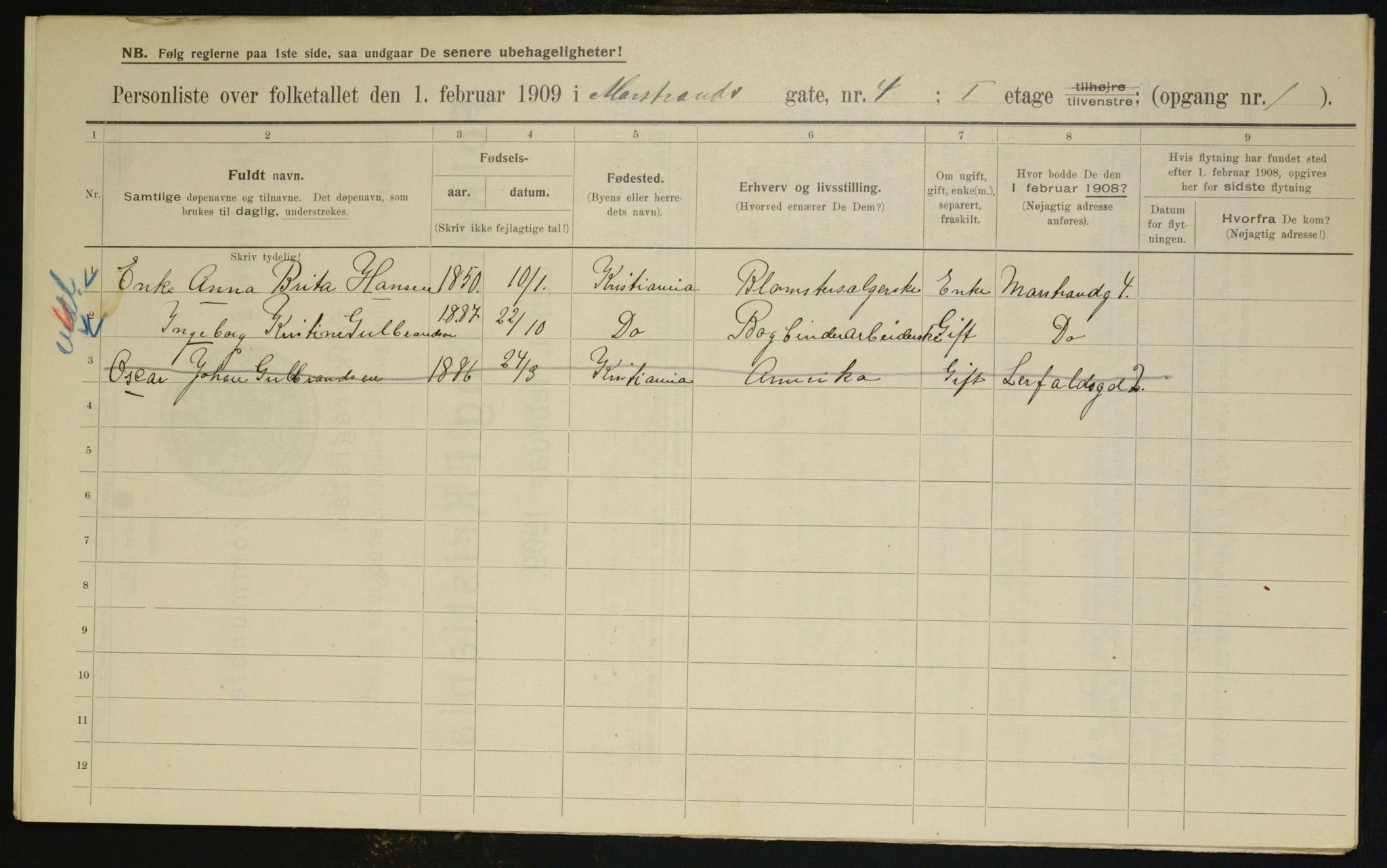 OBA, Municipal Census 1909 for Kristiania, 1909, p. 58705