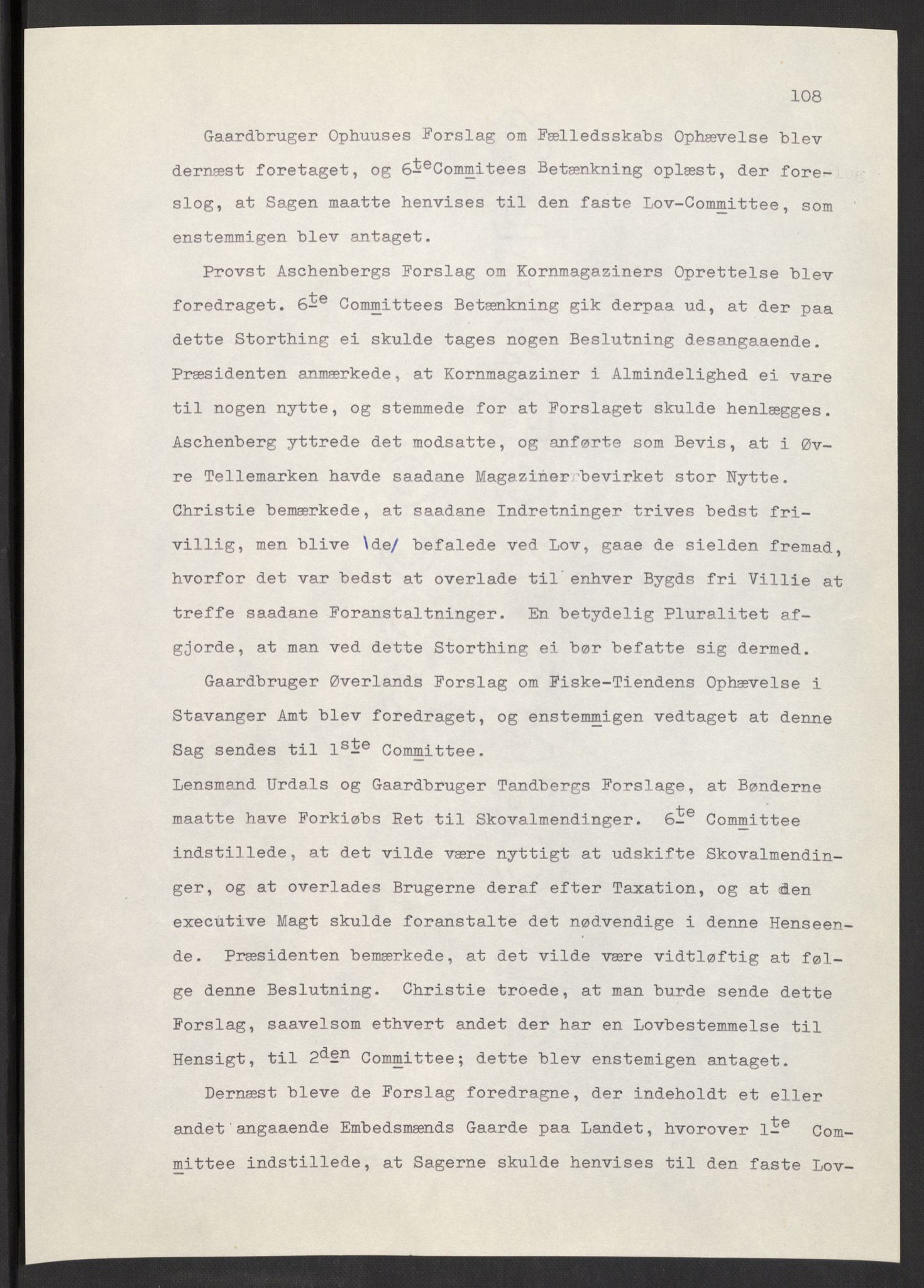 Manuskriptsamlingen, AV/RA-EA-3667/F/L0197: Wetlesen, Hans Jørgen (stortingsmann, ingeniørkaptein); Referat fra Stortinget 1815-1816, 1815-1816, p. 108