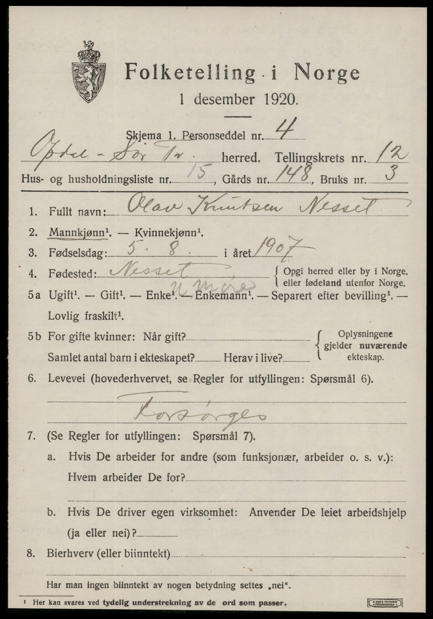 SAT, 1920 census for Oppdal, 1920, p. 10349