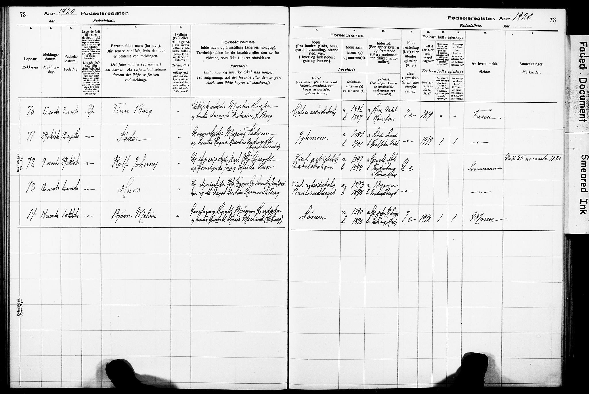 Norderhov kirkebøker, SAKO/A-237/J/Ja/L0001: Birth register no. 1, 1916-1930, p. 73