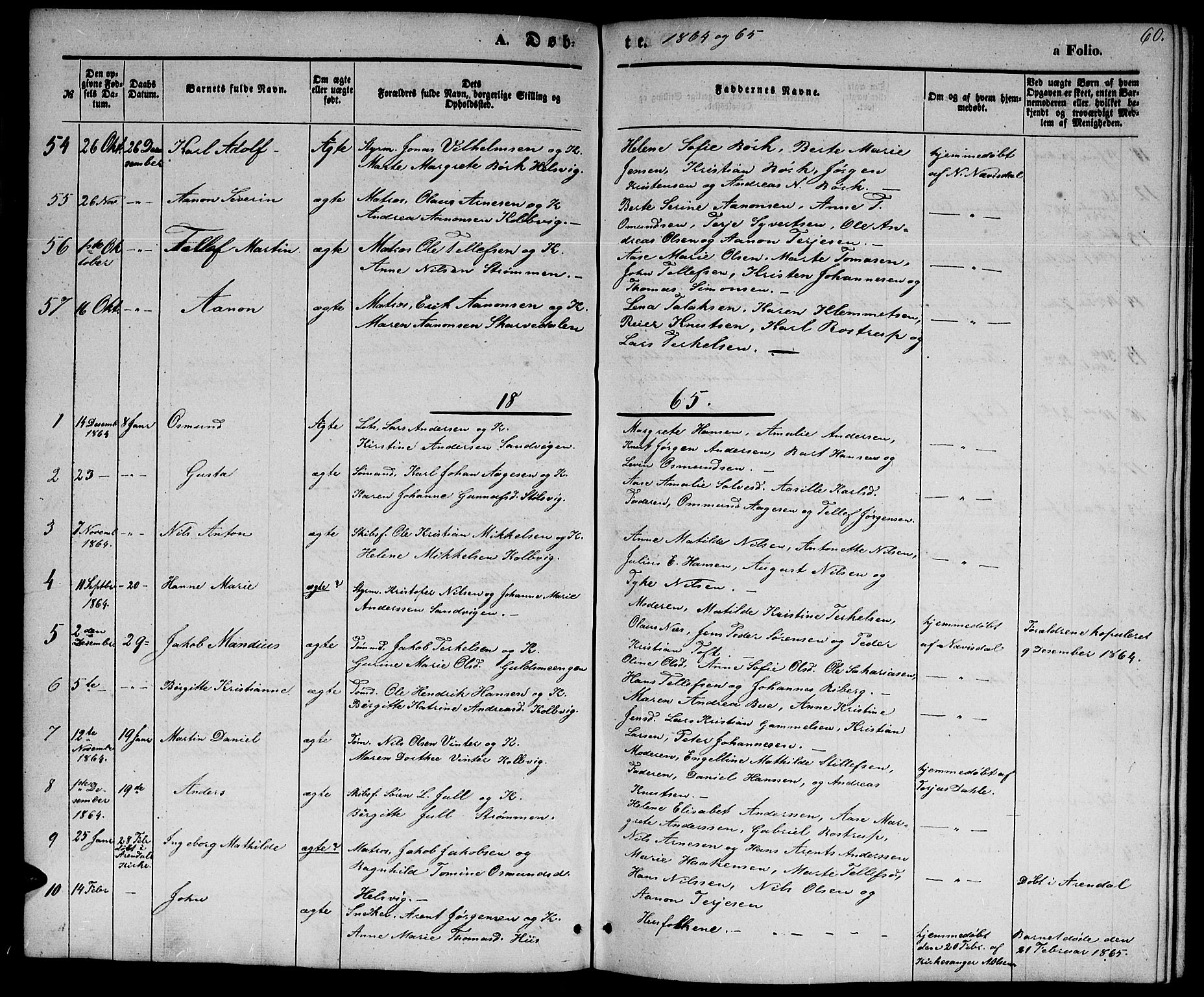 Hisøy sokneprestkontor, SAK/1111-0020/F/Fb/L0001: Parish register (copy) no. B 1, 1849-1872, p. 60