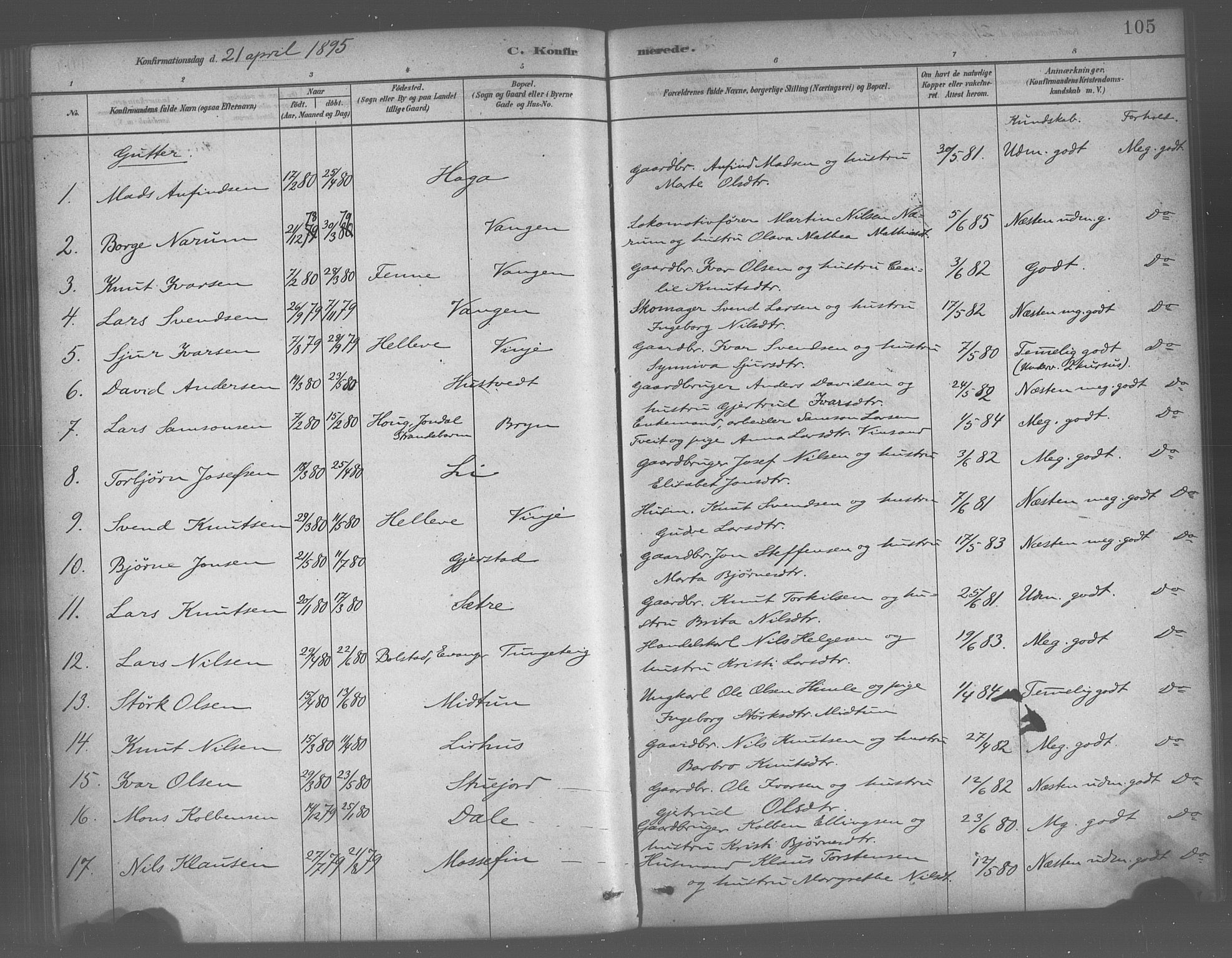Voss sokneprestembete, AV/SAB-A-79001/H/Haa: Parish register (official) no. B 1, 1877-1899, p. 105