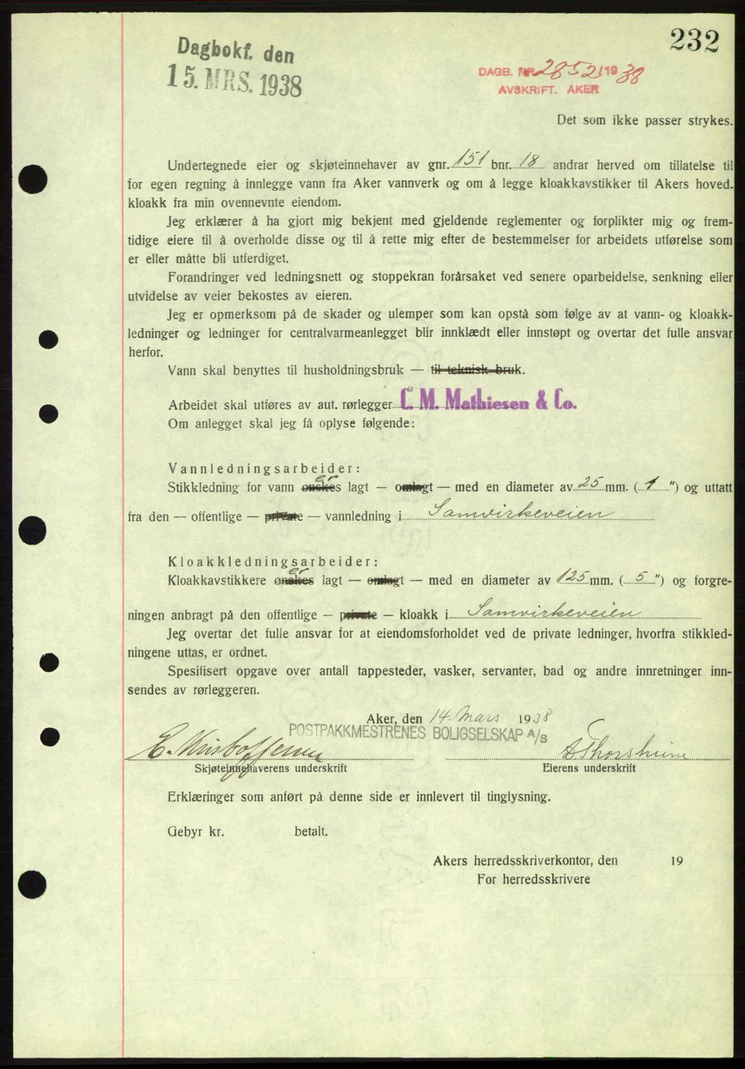 Aker herredsskriveri, AV/SAO-A-10896/G/Gb/Gba/Gbab/L0021: Mortgage book no. A151-152, 1938-1938, Diary no: : 2852/1938