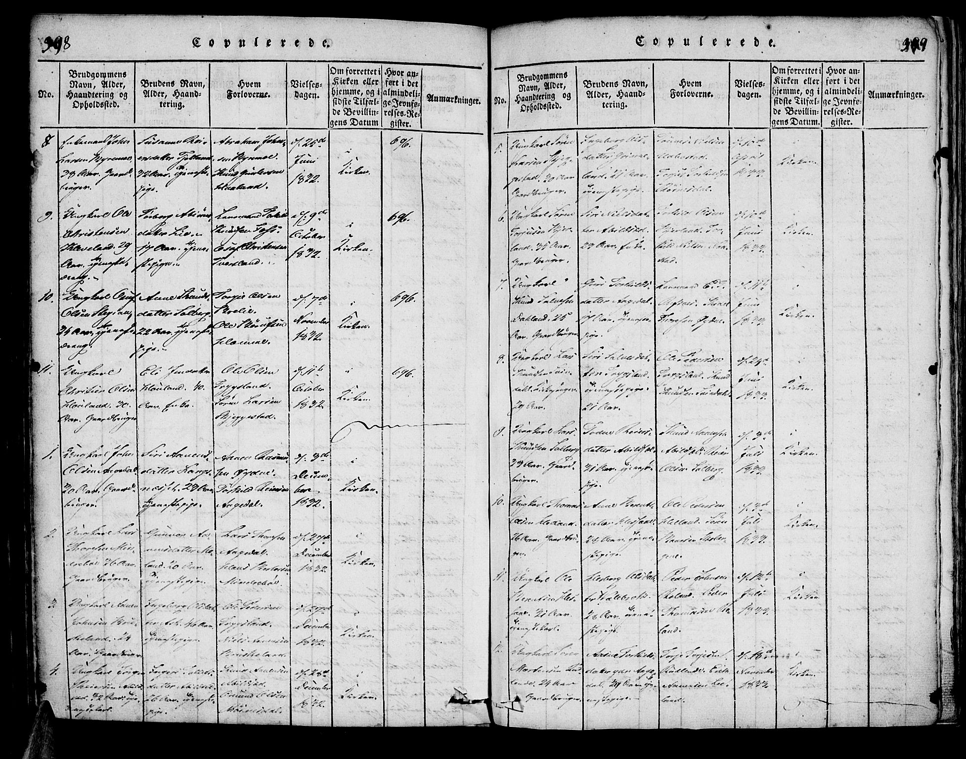 Bjelland sokneprestkontor, SAK/1111-0005/F/Fa/Faa/L0002: Parish register (official) no. A 2, 1816-1866, p. 398-399