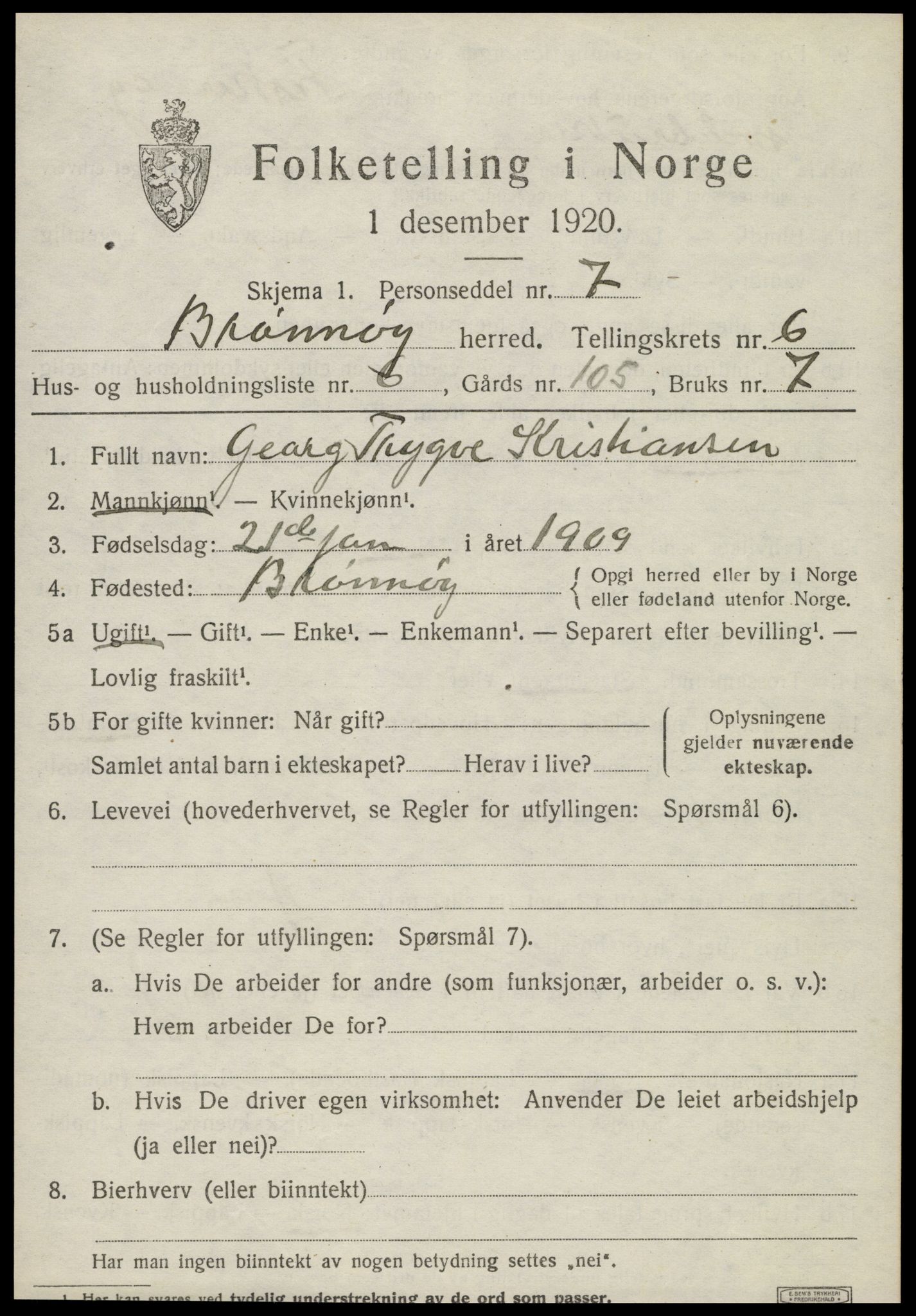 SAT, 1920 census for Brønnøy, 1920, p. 4380