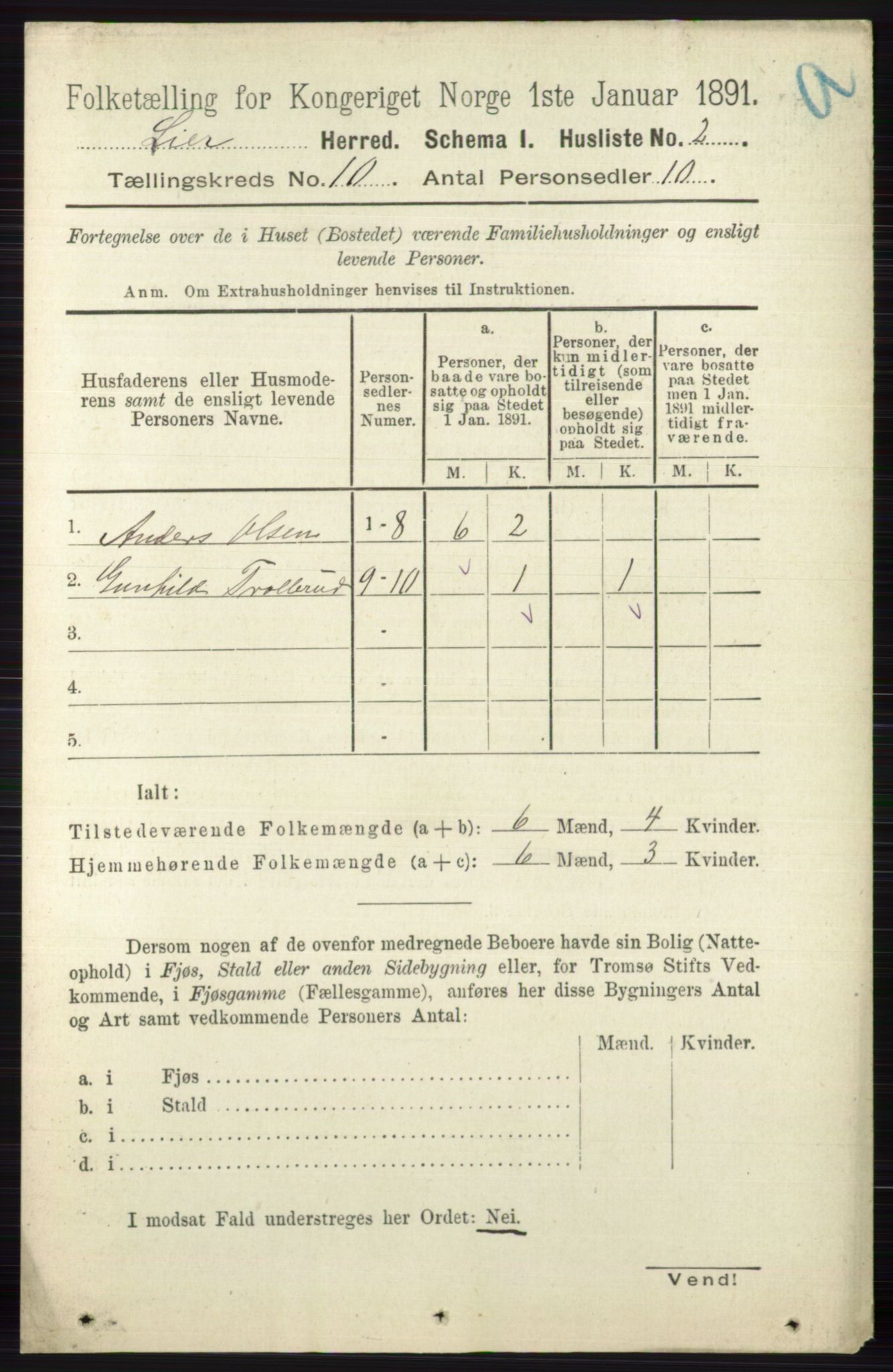 RA, 1891 census for 0626 Lier, 1891, p. 6185