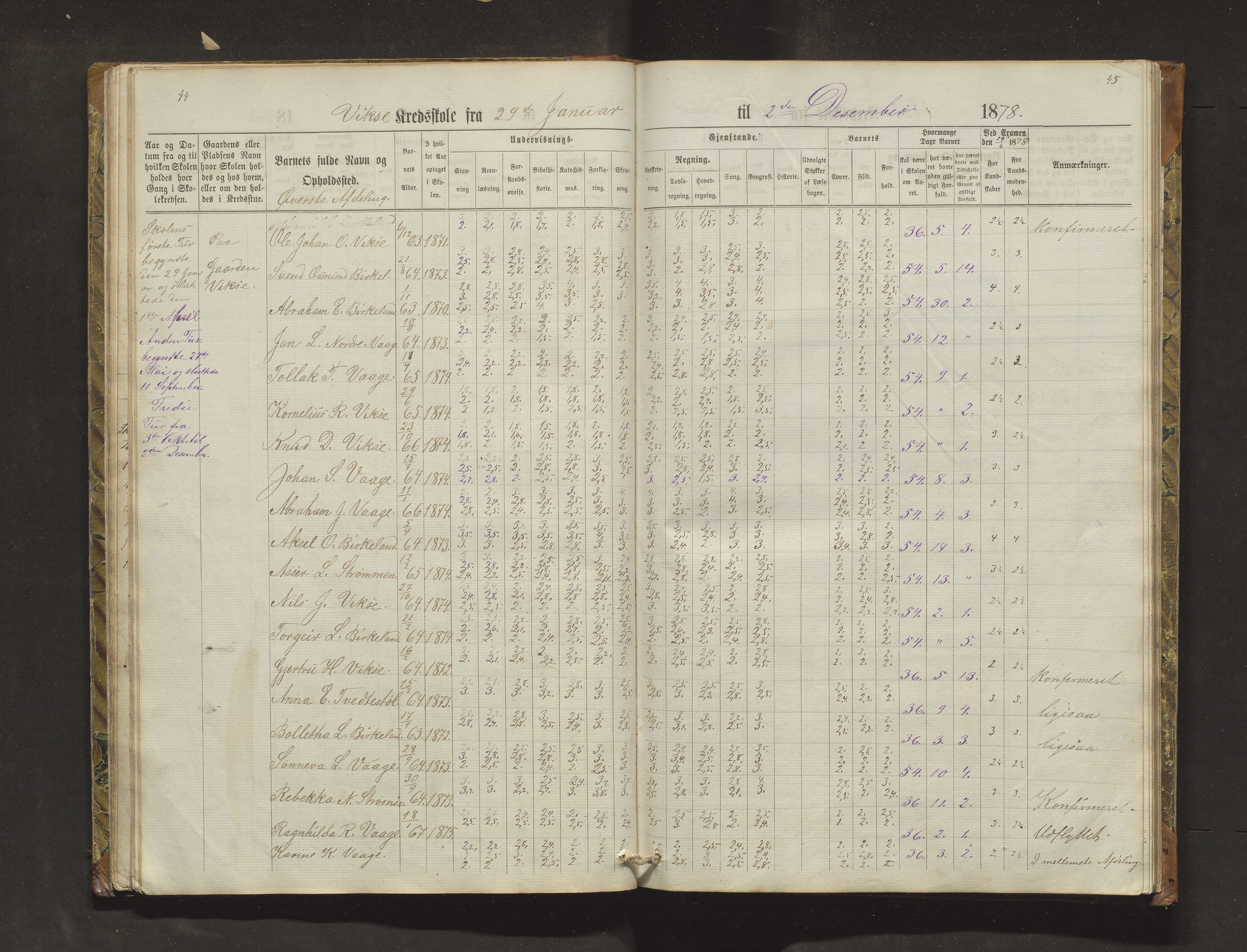 Sveio kommune. Barneskulane, IKAH/1216-231/F/Fa/L0018: Skuleprotokoll for Nordre Våge, Eilerås, Våge og Vikse krinsskular, 1870-1889, p. 44-45