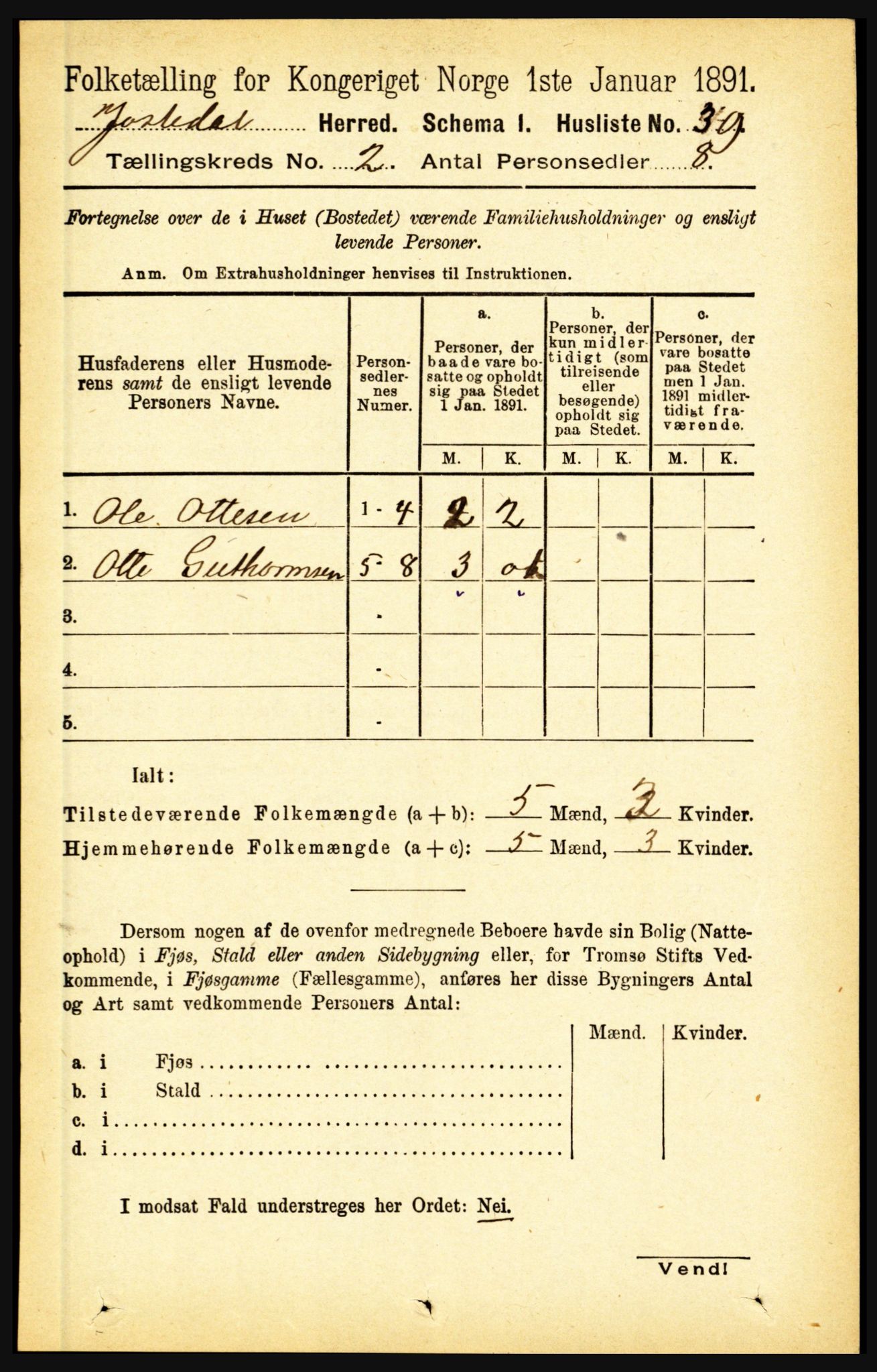 RA, 1891 census for 1427 Jostedal, 1891, p. 490