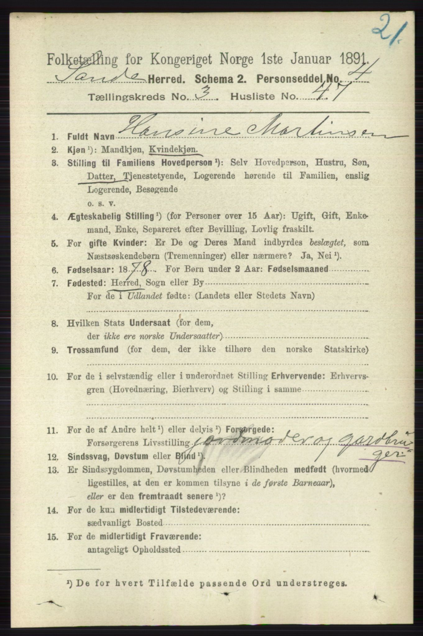 RA, 1891 census for 0713 Sande, 1891, p. 1219