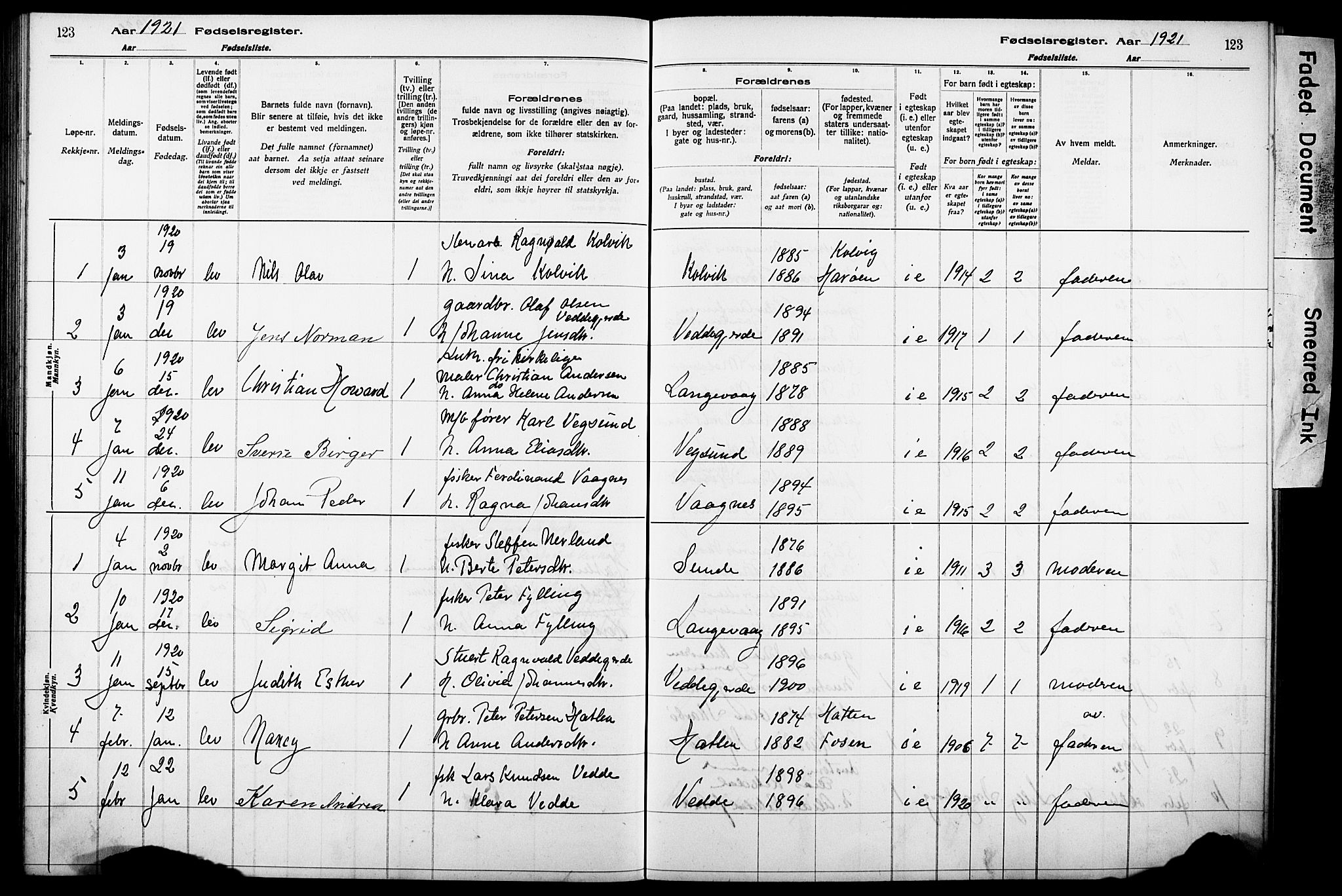 Ministerialprotokoller, klokkerbøker og fødselsregistre - Møre og Romsdal, SAT/A-1454/528/L0442: Birth register no. 528.II.4.1, 1916-1924, p. 123
