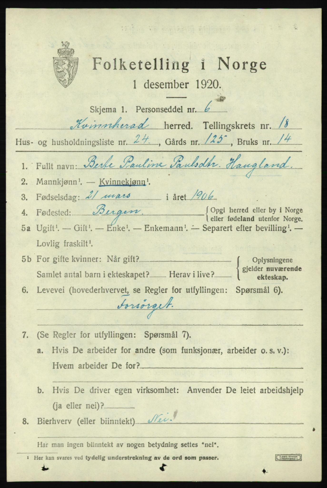 SAB, 1920 census for Kvinnherad, 1920, p. 11882