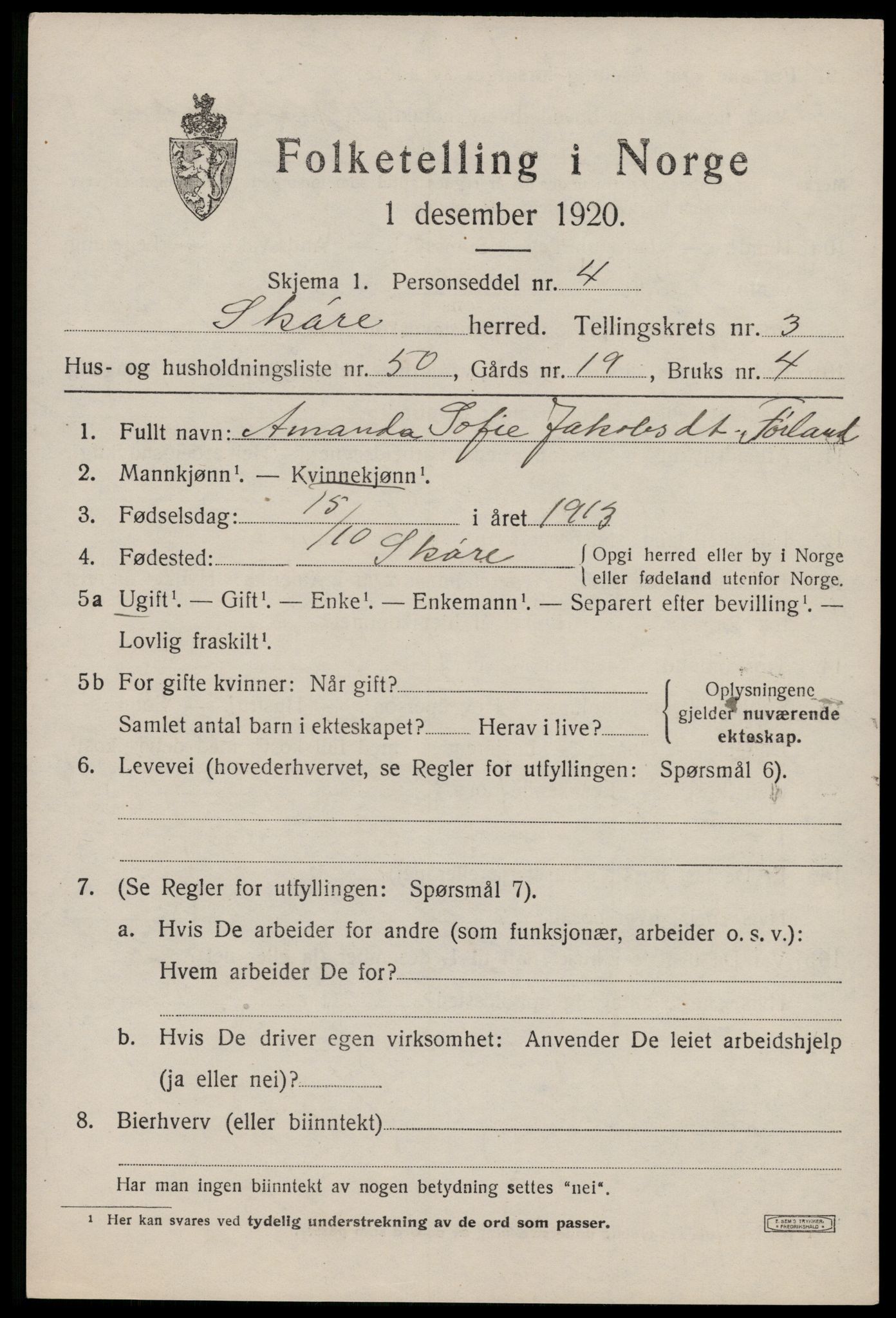 SAST, 1920 census for Skåre, 1920, p. 2078