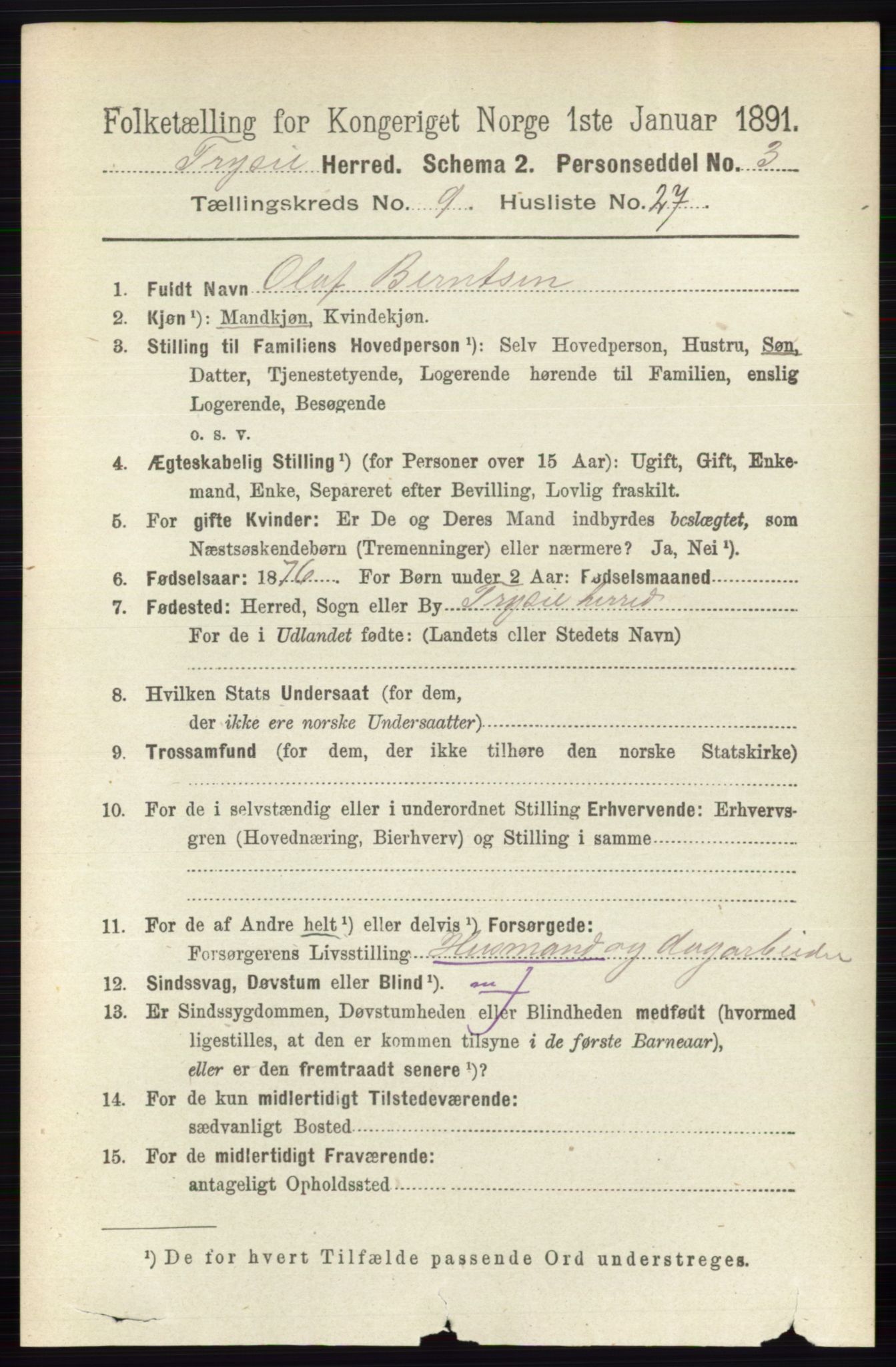 RA, 1891 census for 0428 Trysil, 1891, p. 4375