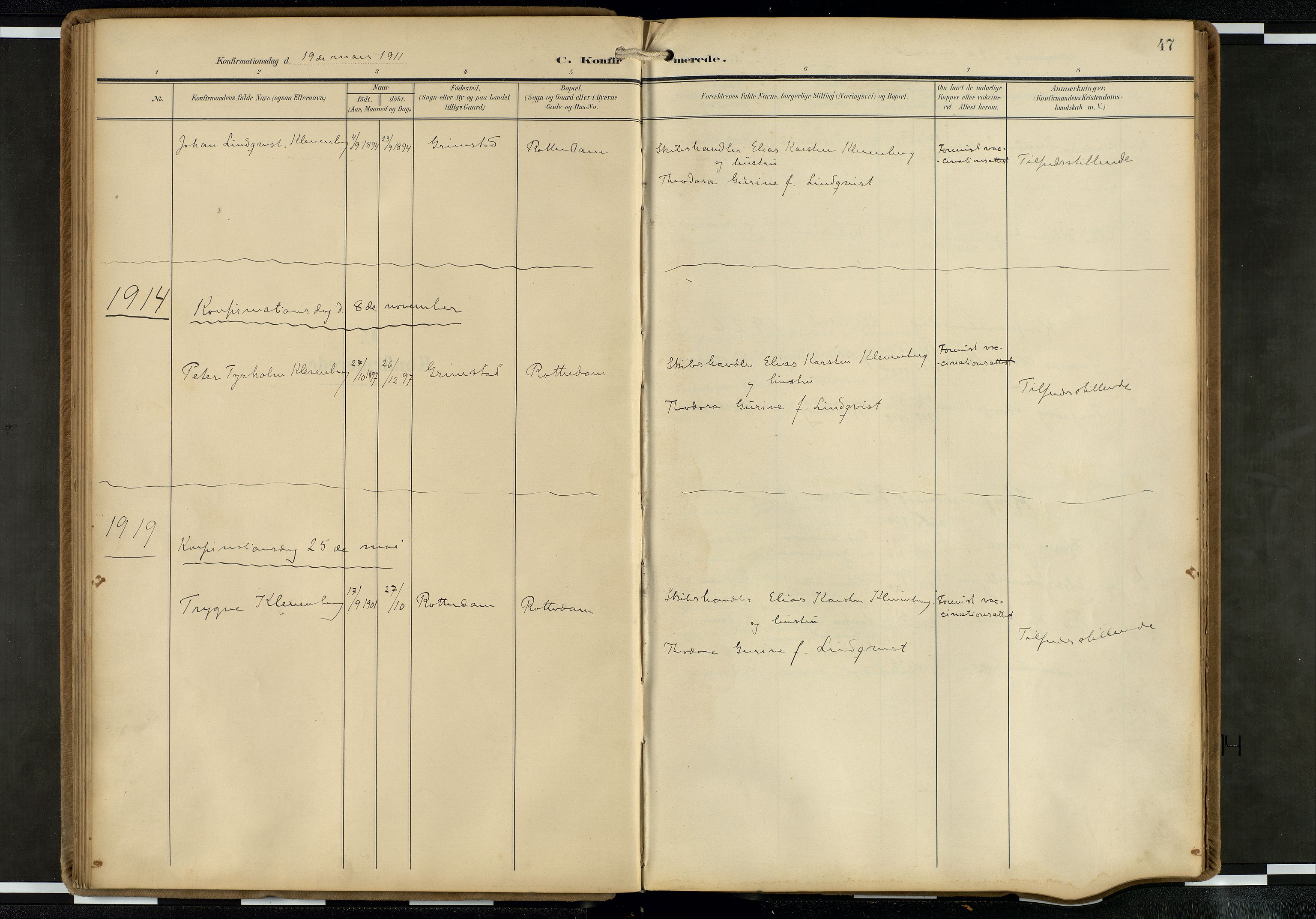 Den norske sjømannsmisjon i utlandet/Hollandske havner (Amsterdam-Rotterdam-Europort), AV/SAB-SAB/PA-0106/H/Ha/Haa/L0003: Parish register (official) no. A 3, 1908-1927, p. 46b-47a