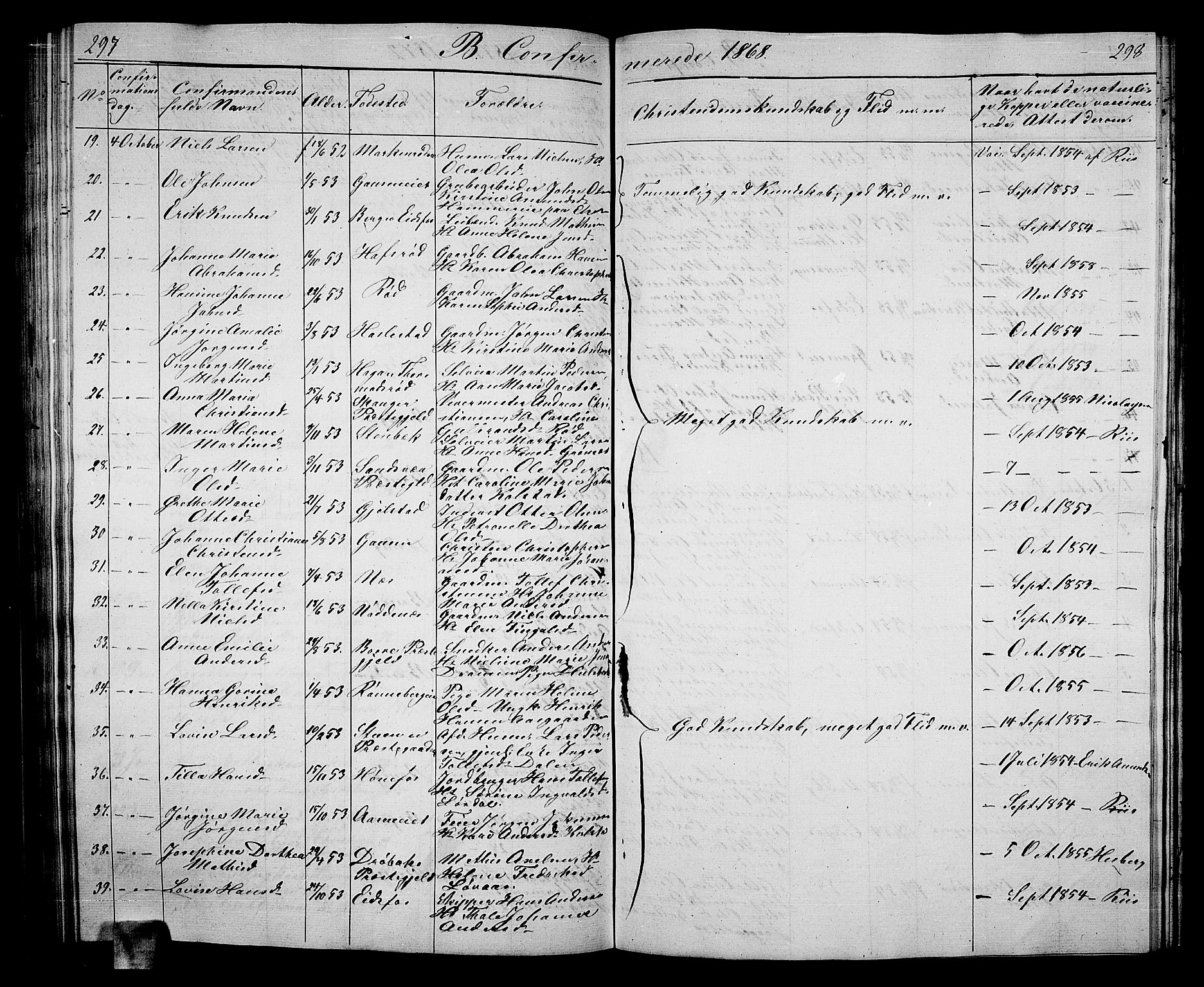 Hof kirkebøker, AV/SAKO-A-64/G/Ga/L0002: Parish register (copy) no. I 2, 1859-1873, p. 297-298