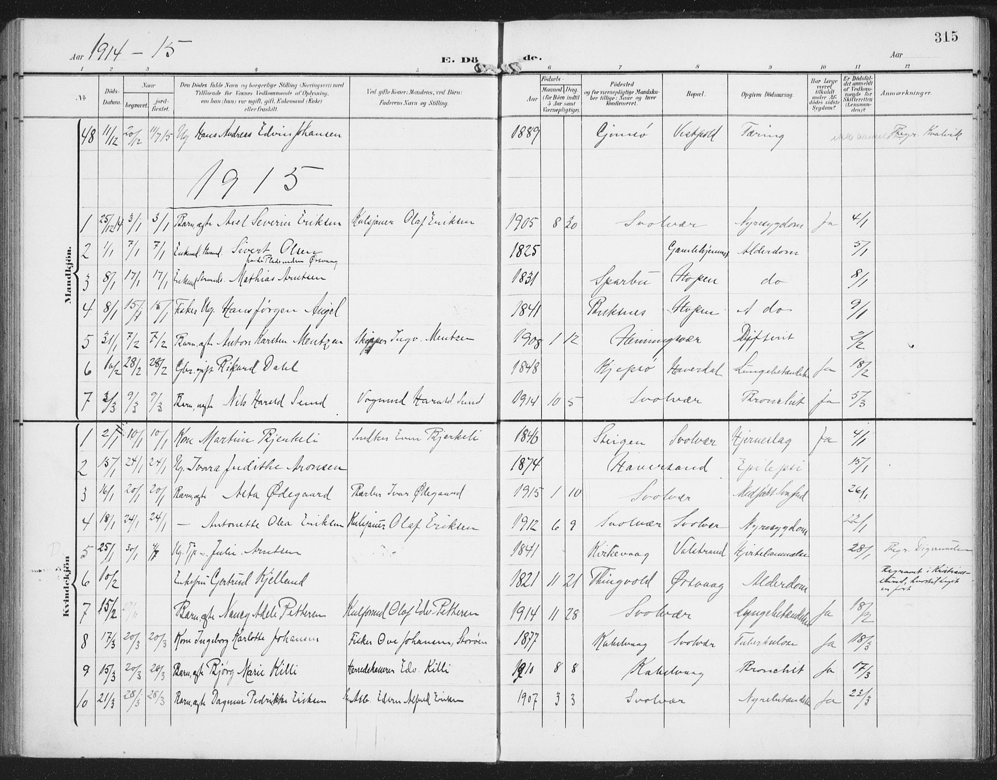 Ministerialprotokoller, klokkerbøker og fødselsregistre - Nordland, AV/SAT-A-1459/874/L1063: Parish register (official) no. 874A07, 1907-1915, p. 315