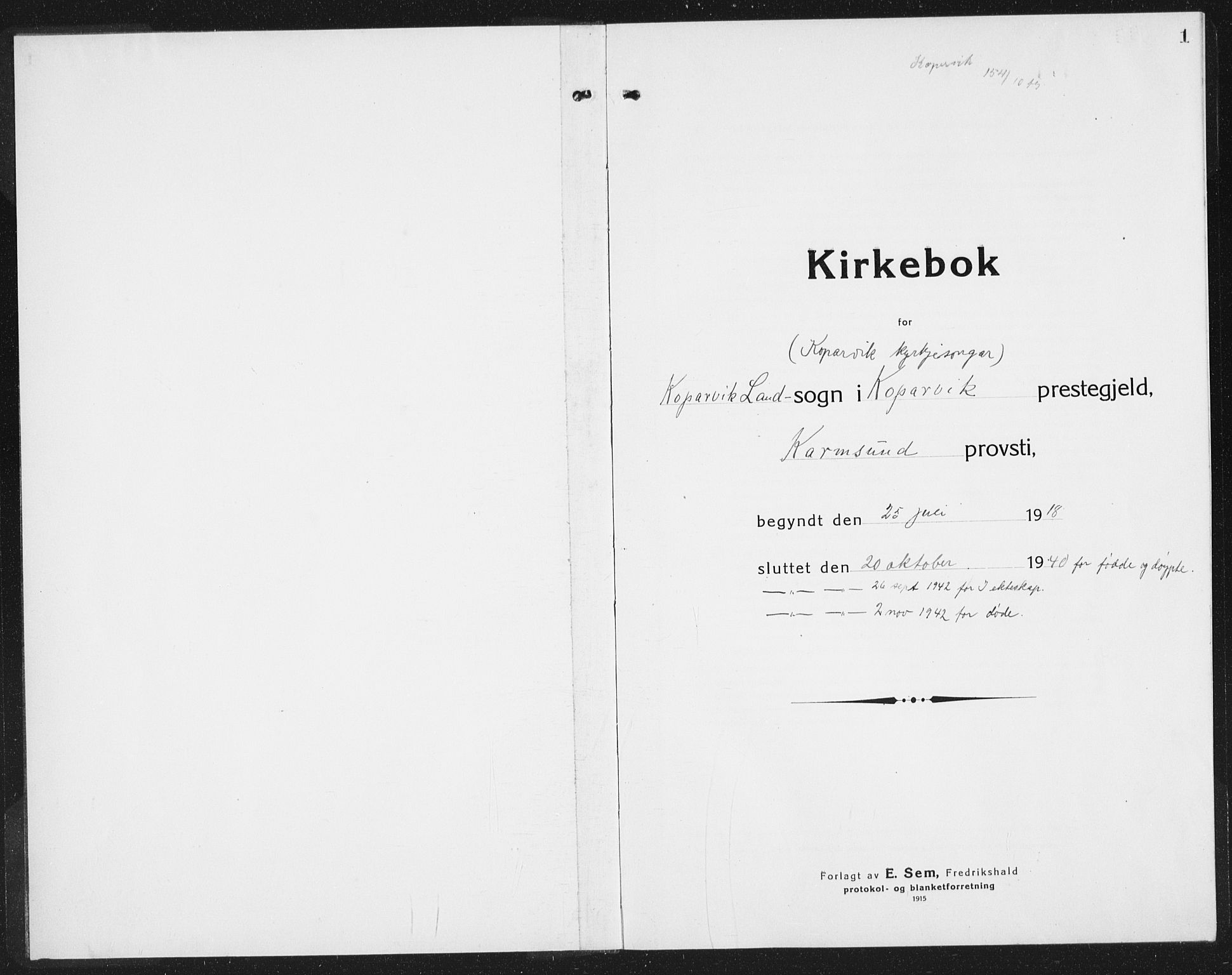 Kopervik sokneprestkontor, AV/SAST-A-101850/H/Ha/Hab/L0007: Parish register (copy) no. B 7, 1918-1942, p. 1