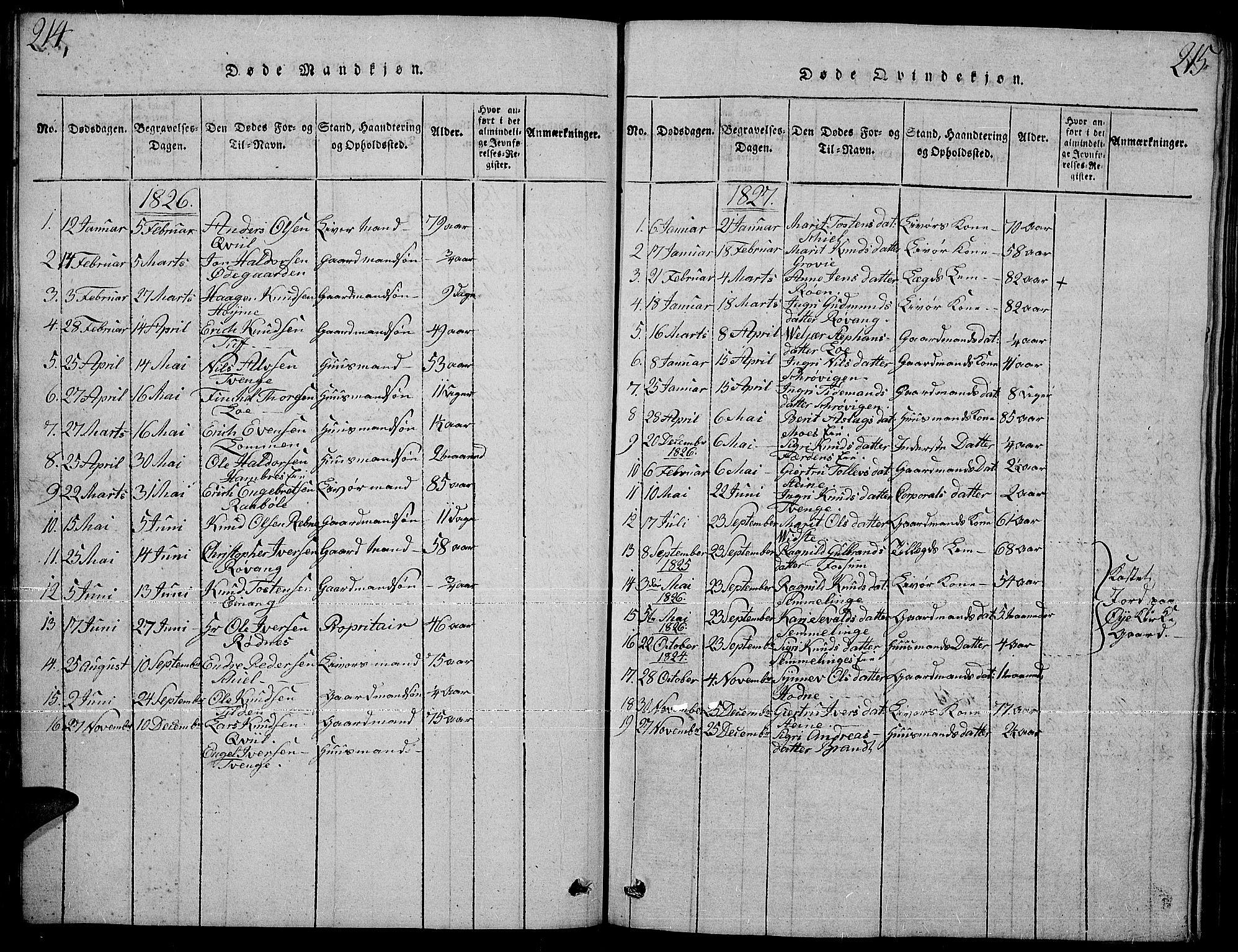 Slidre prestekontor, SAH/PREST-134/H/Ha/Hab/L0001: Parish register (copy) no. 1, 1814-1838, p. 214-215