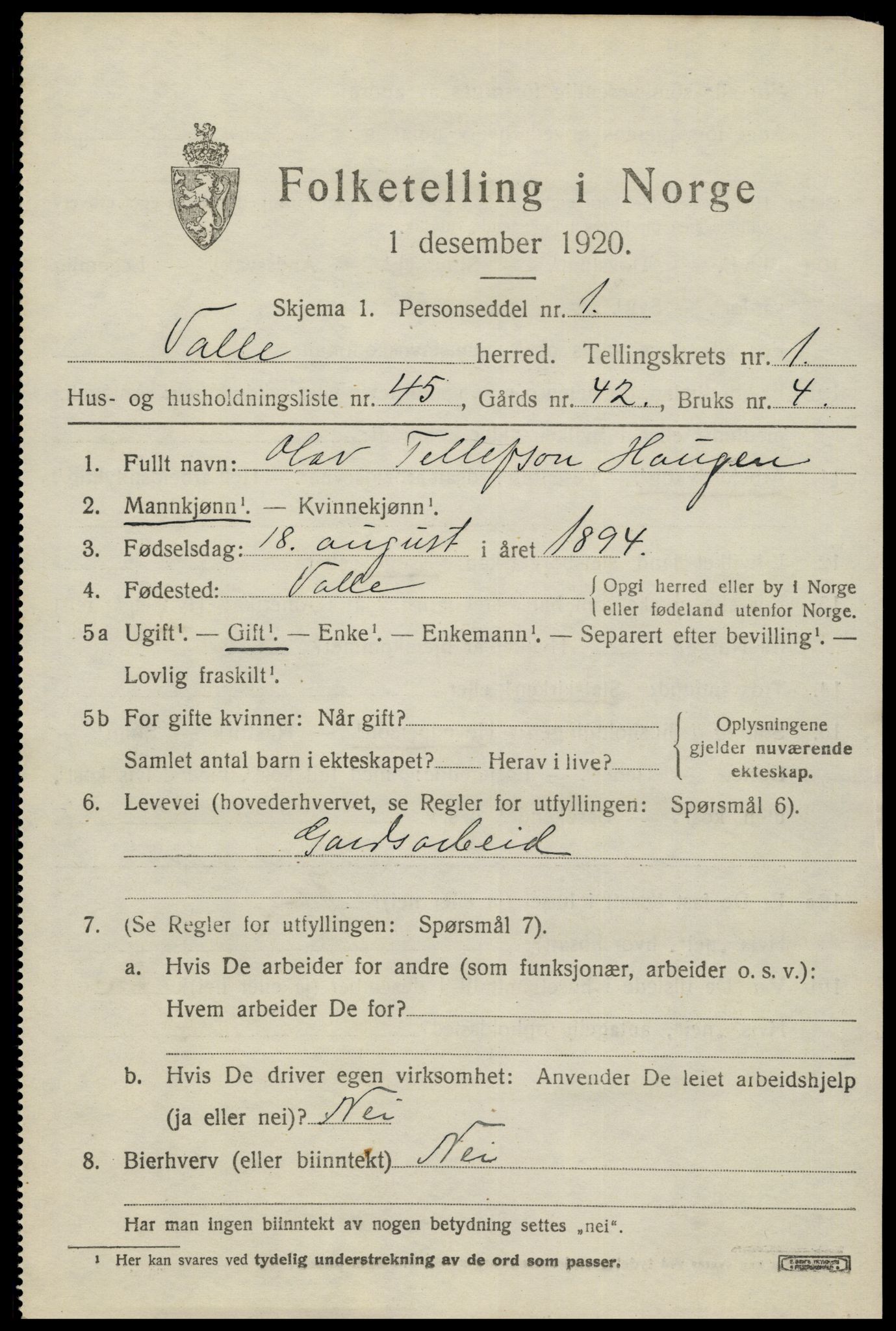 SAK, 1920 census for Valle, 1920, p. 947