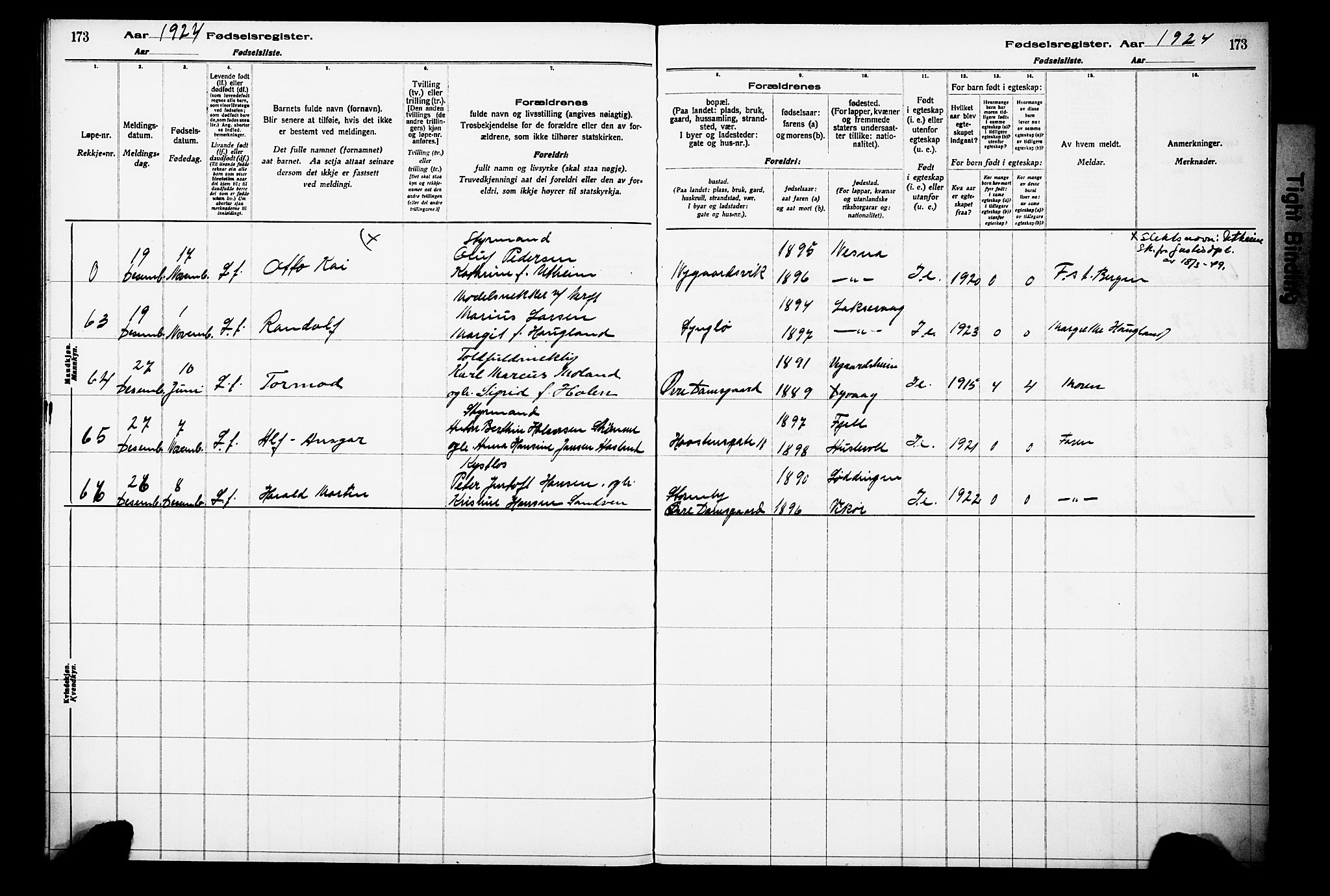 Laksevåg Sokneprestembete, AV/SAB-A-76501/I/Id/L00A1: Birth register no. A 1, 1916-1926, p. 173