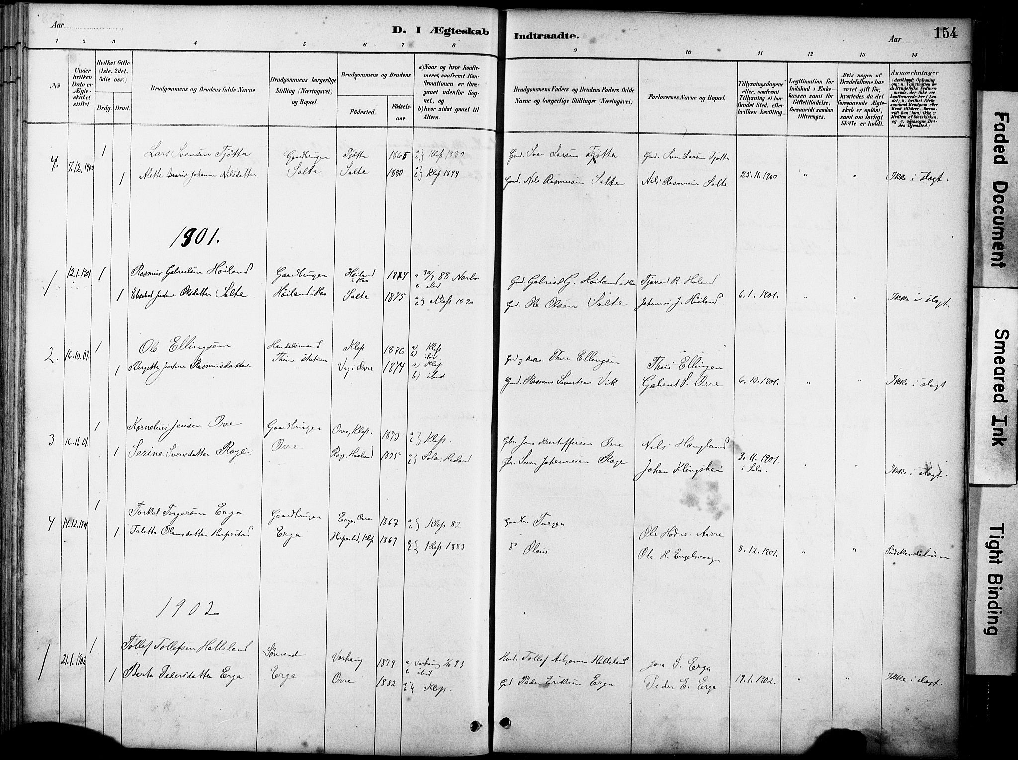 Klepp sokneprestkontor, AV/SAST-A-101803/001/3/30BA/L0007: Parish register (official) no. A 8, 1886-1912, p. 154