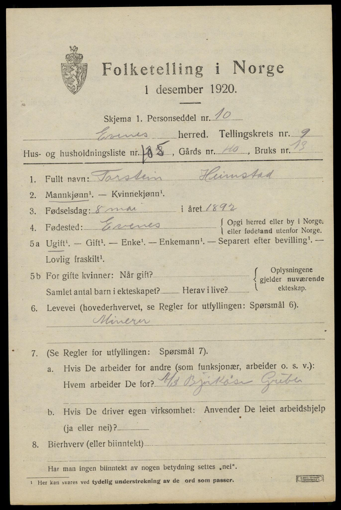 SAT, 1920 census for Evenes, 1920, p. 9172