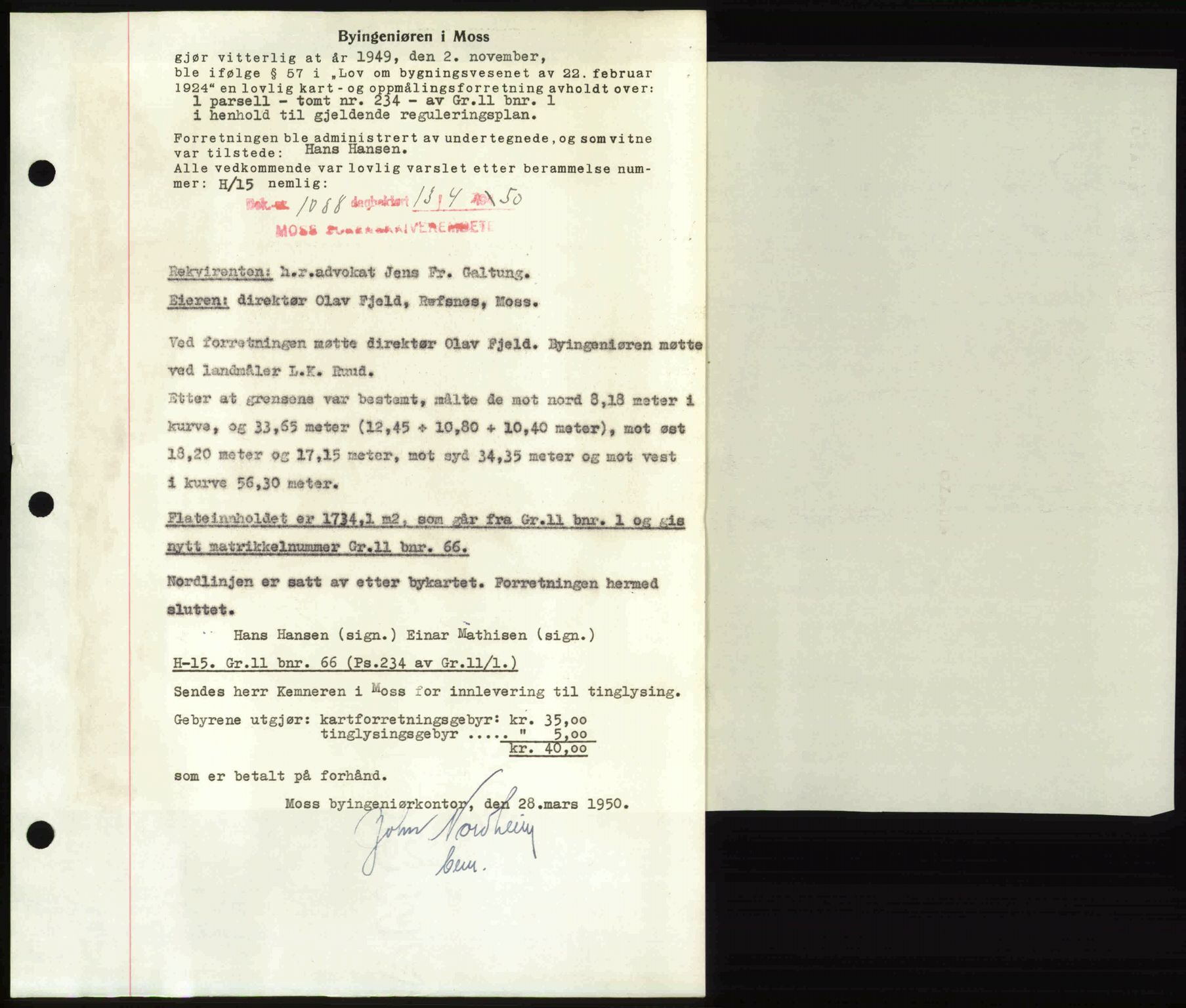 Moss sorenskriveri, SAO/A-10168: Mortgage book no. A25, 1950-1950, Diary no: : 1088/1950