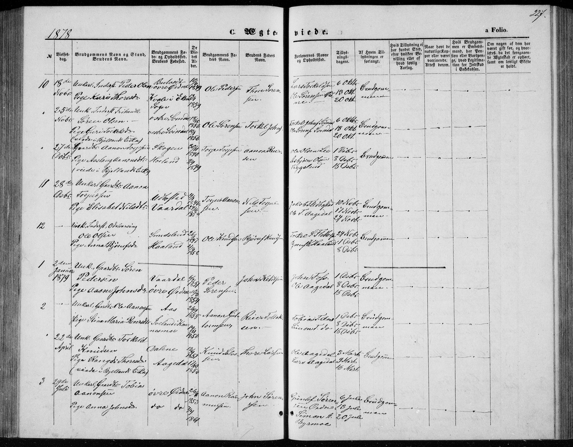 Bjelland sokneprestkontor, SAK/1111-0005/F/Fb/Fbc/L0002: Parish register (copy) no. B 2, 1867-1887, p. 227