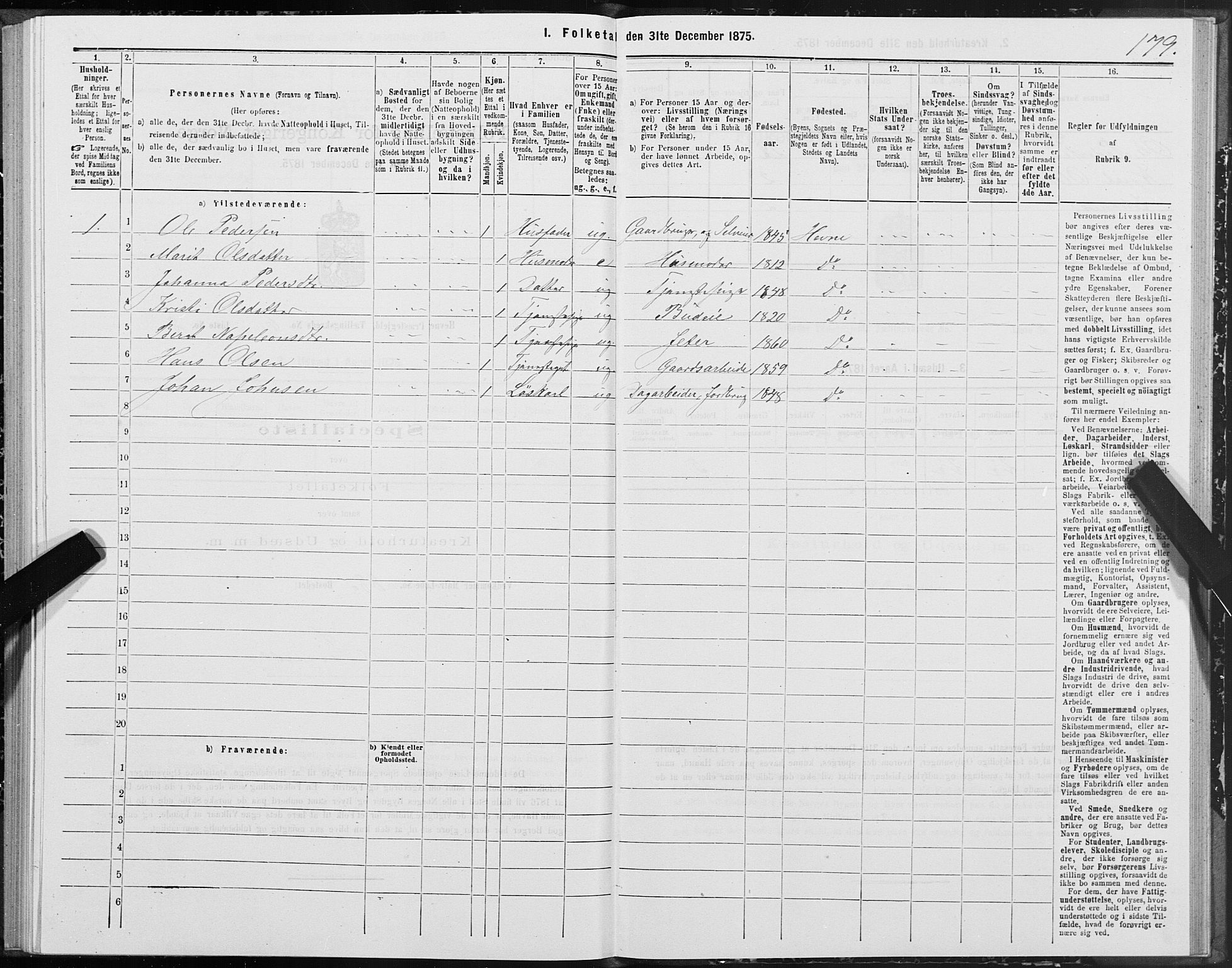 SAT, 1875 census for 1612P Hemne, 1875, p. 3179