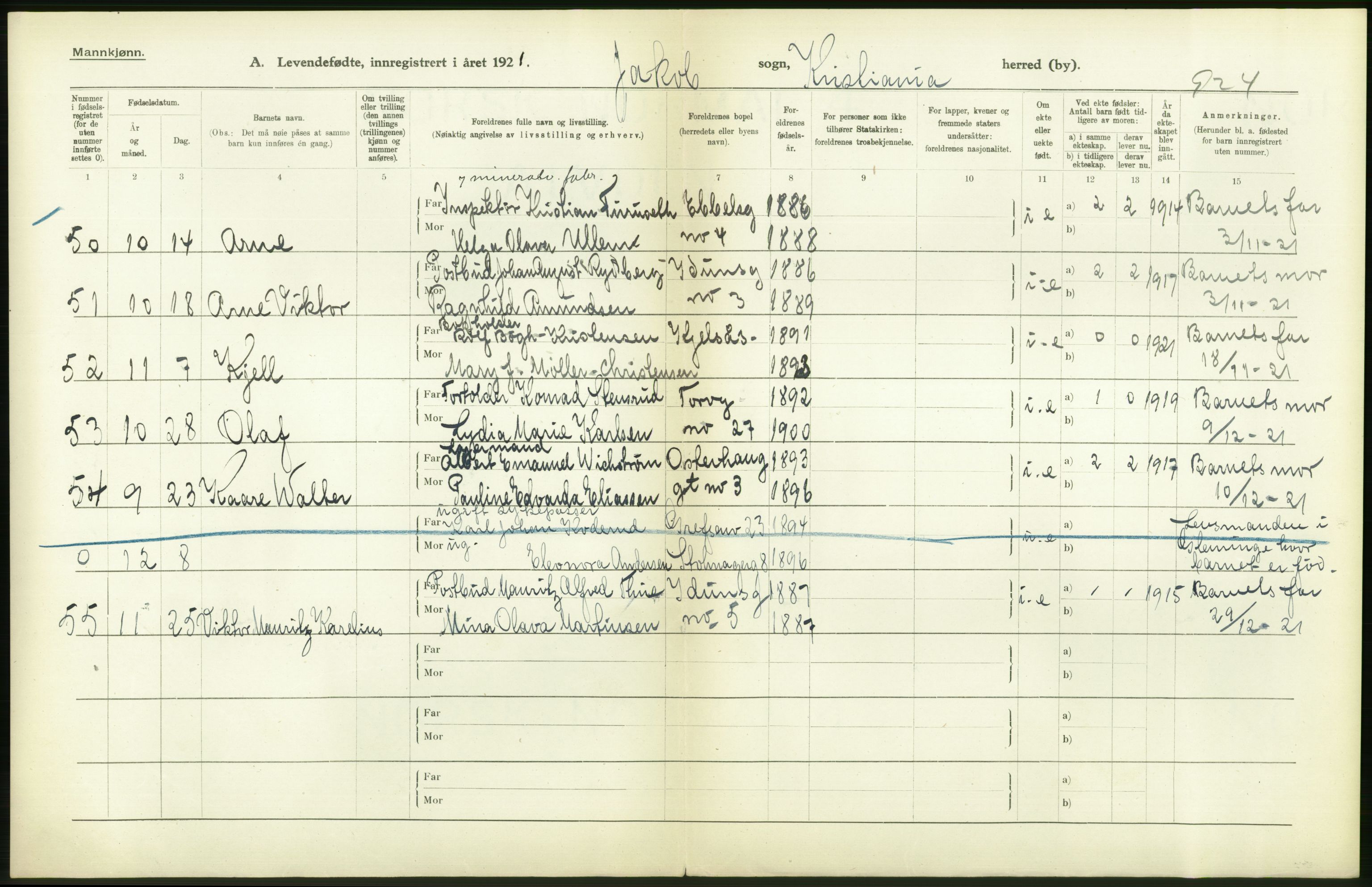 Statistisk sentralbyrå, Sosiodemografiske emner, Befolkning, RA/S-2228/D/Df/Dfc/Dfca/L0010: Kristiania: Levendefødte menn og kvinner., 1921, p. 422