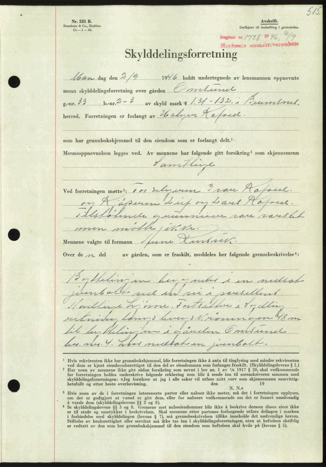 Nordmøre sorenskriveri, AV/SAT-A-4132/1/2/2Ca: Mortgage book no. A102, 1946-1946, Diary no: : 1738/1946