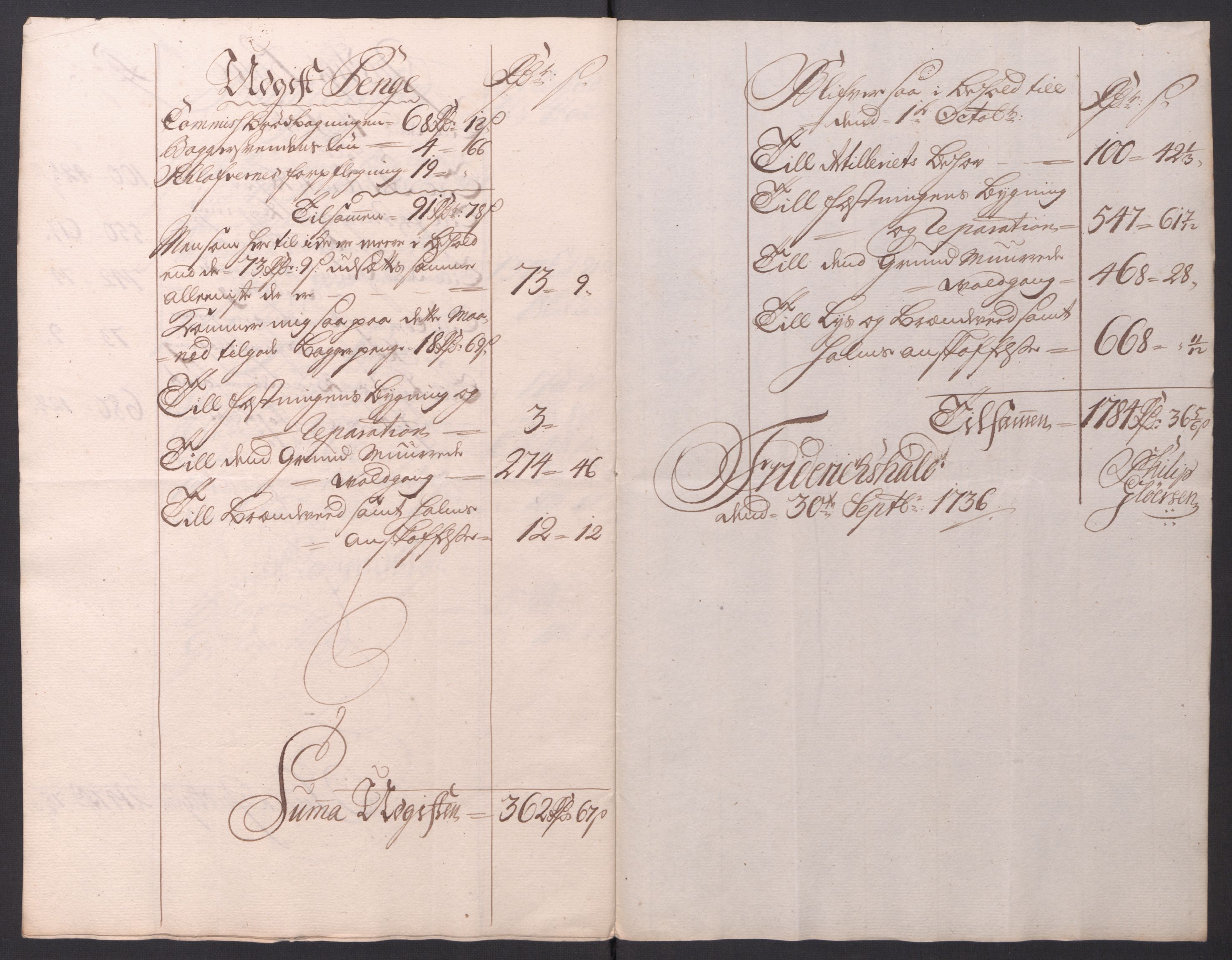 Kommanderende general (KG I) med Det norske krigsdirektorium, AV/RA-EA-5419/D/L0154: Fredriksten festning: Brev, inventarfortegnelser og regnskapsekstrakter, 1730-1739, p. 490