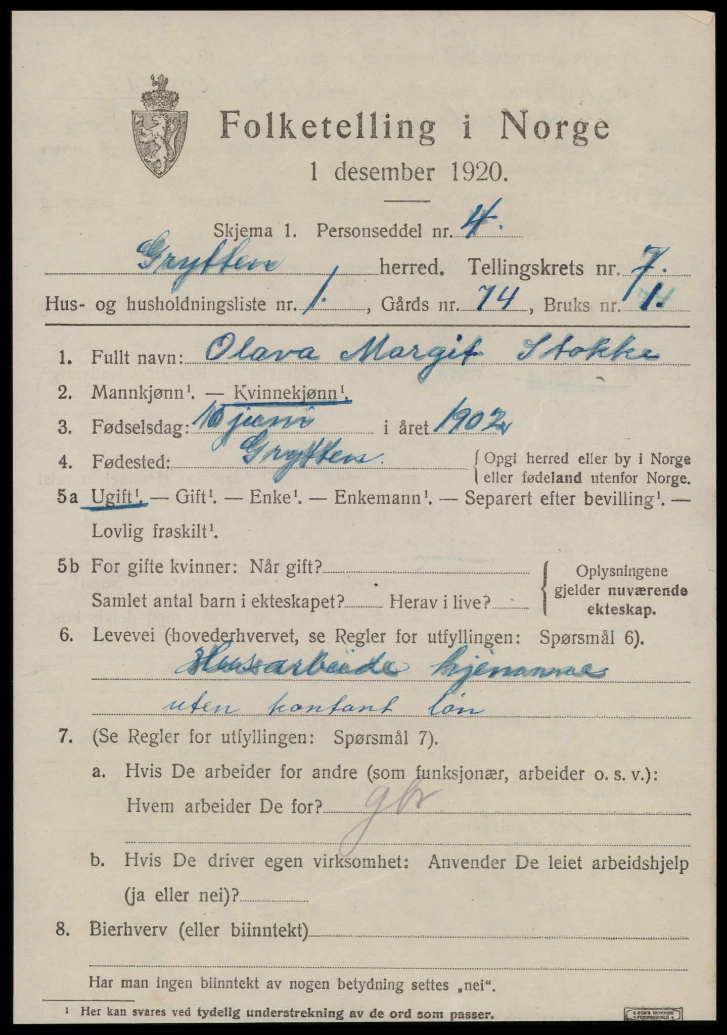 SAT, 1920 census for Grytten, 1920, p. 4830