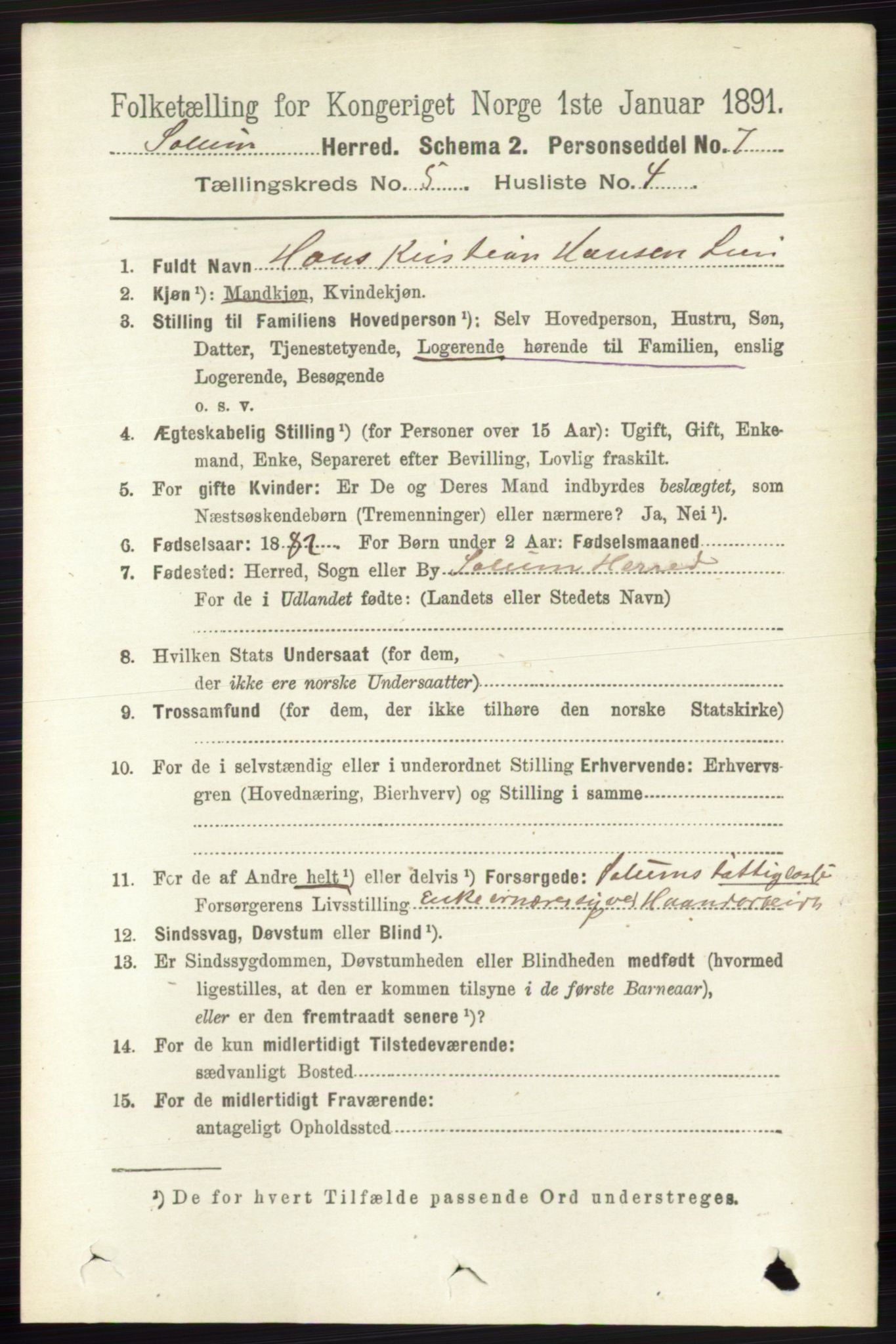 RA, 1891 census for 0818 Solum, 1891, p. 858