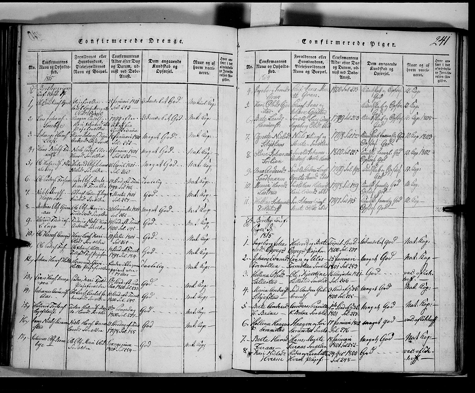 Toten prestekontor, SAH/PREST-102/H/Ha/Hab/L0001: Parish register (copy) no. 1, 1814-1820, p. 241