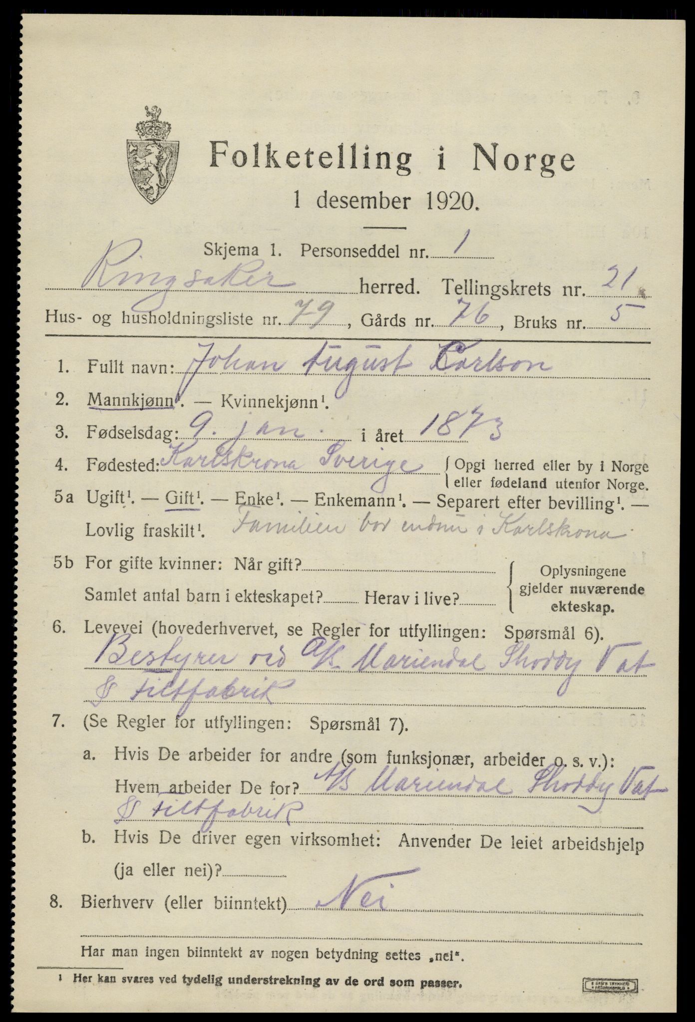 SAH, 1920 census for Ringsaker, 1920, p. 29410